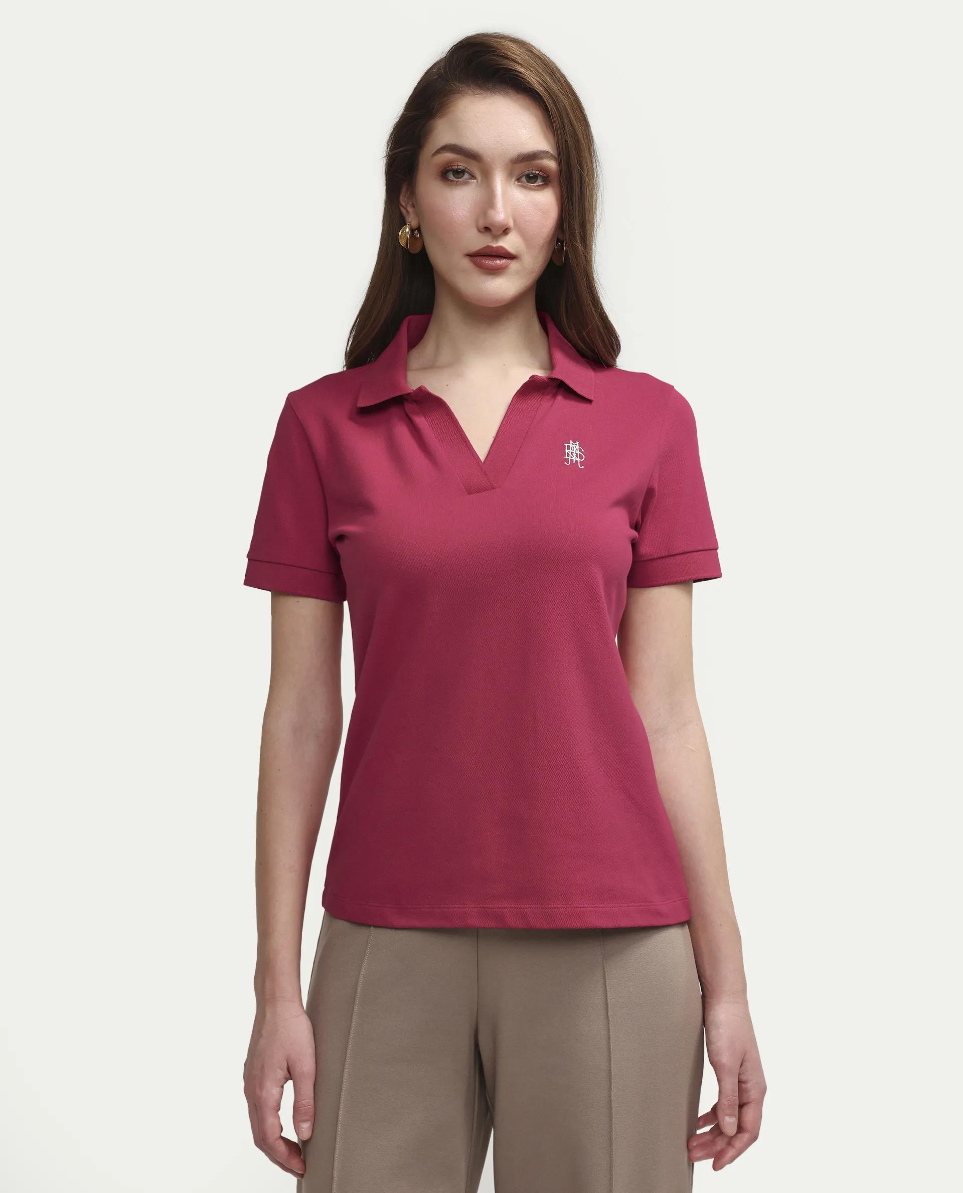 Rareism Women's Zavin Dark Pink Cotton Blend Polo Neck Plain Regular Fit Polo - Image 3