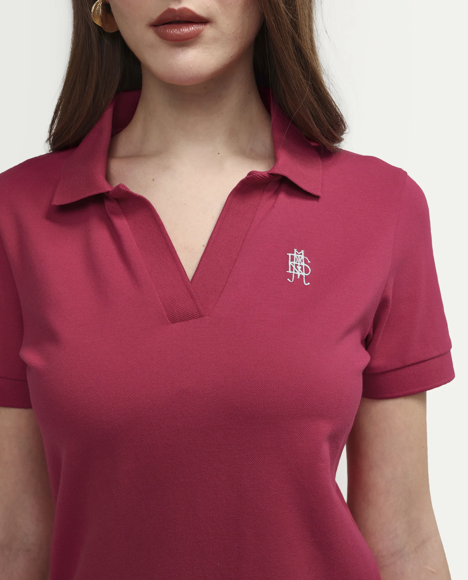 Rareism Women's Zavin Dark Pink Cotton Blend Polo Neck Plain Regular Fit Polo - Image 4