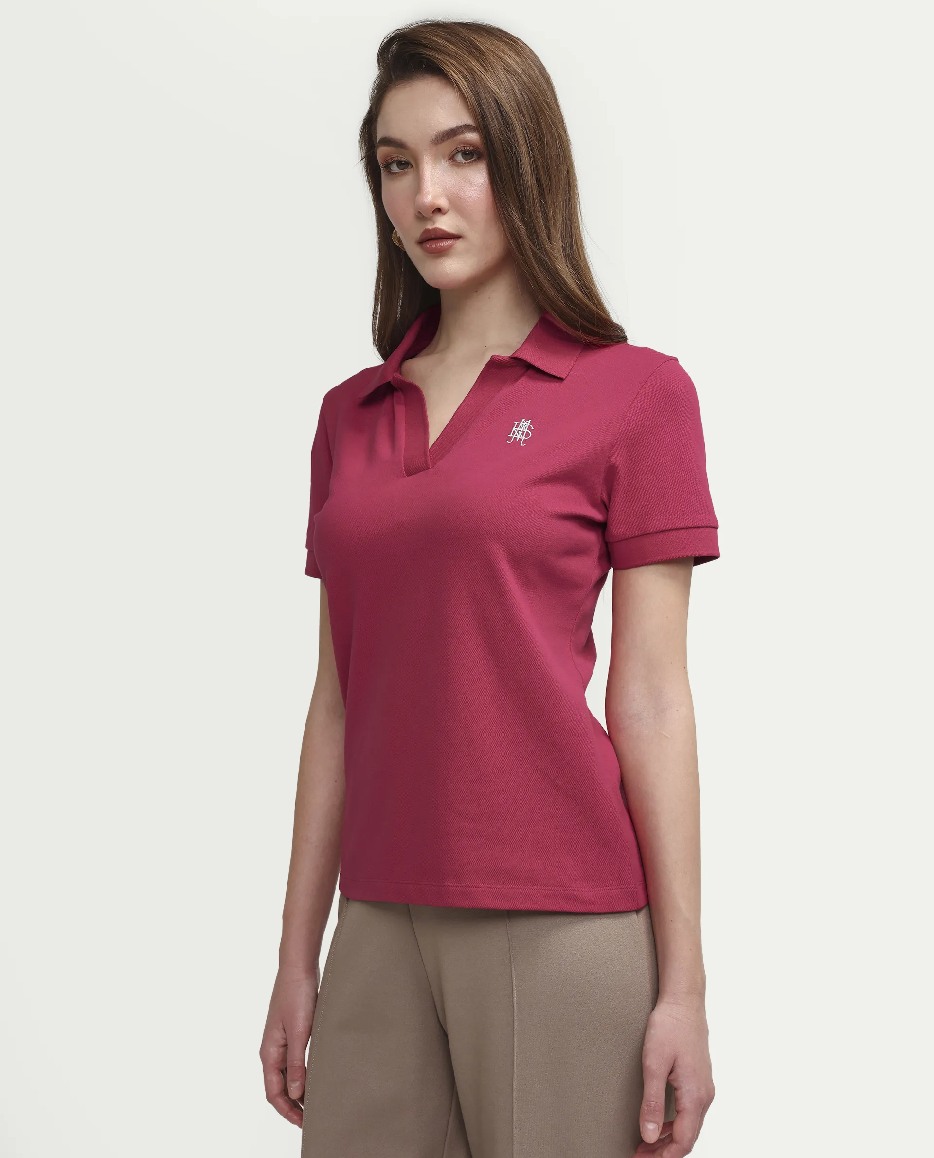 Rareism Women's Zavin Dark Pink Cotton Blend Polo Neck Plain Regular Fit Polo - Image 5