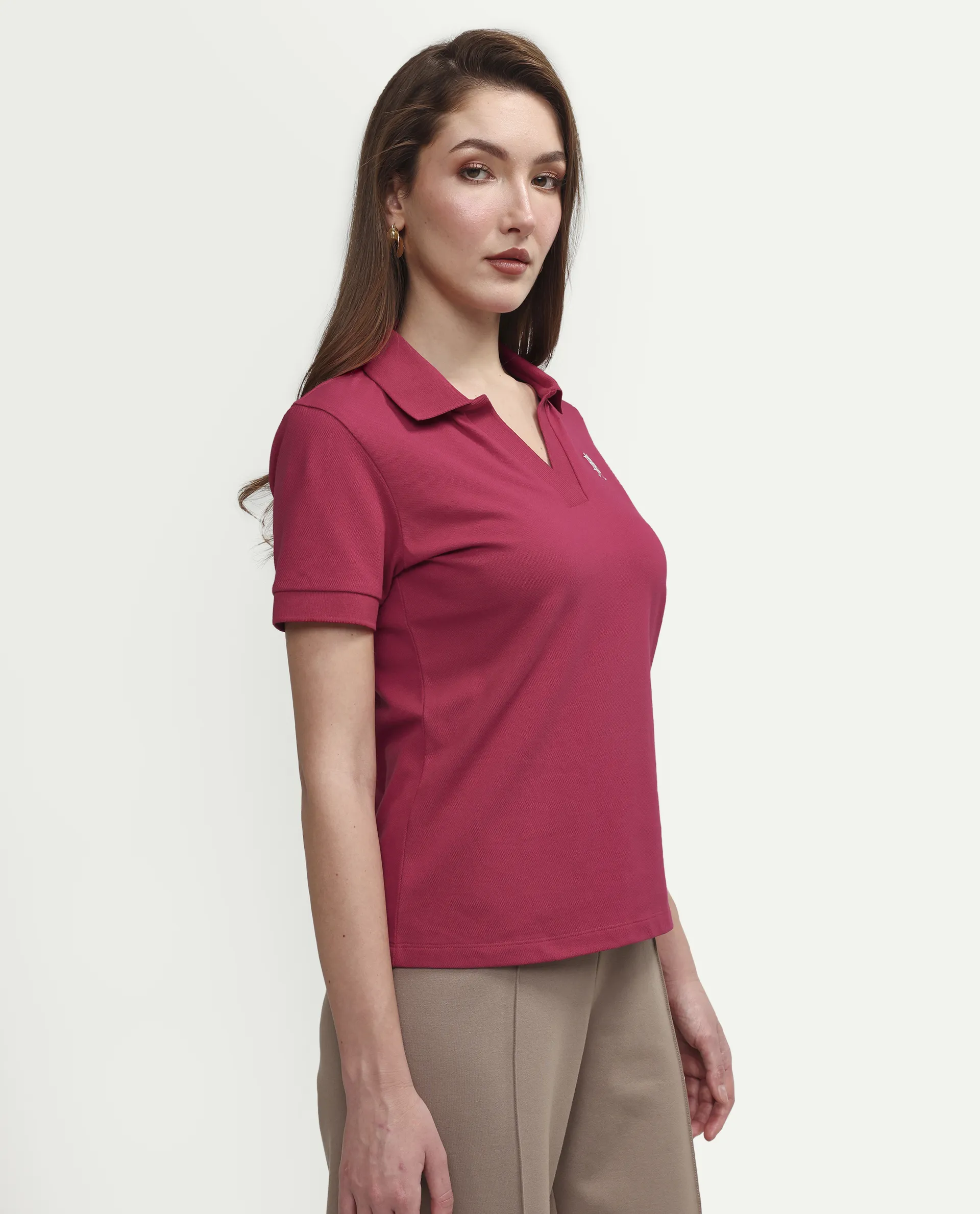 Rareism Women's Zavin Dark Pink Cotton Blend Polo Neck Plain Regular Fit Polo - Image 6