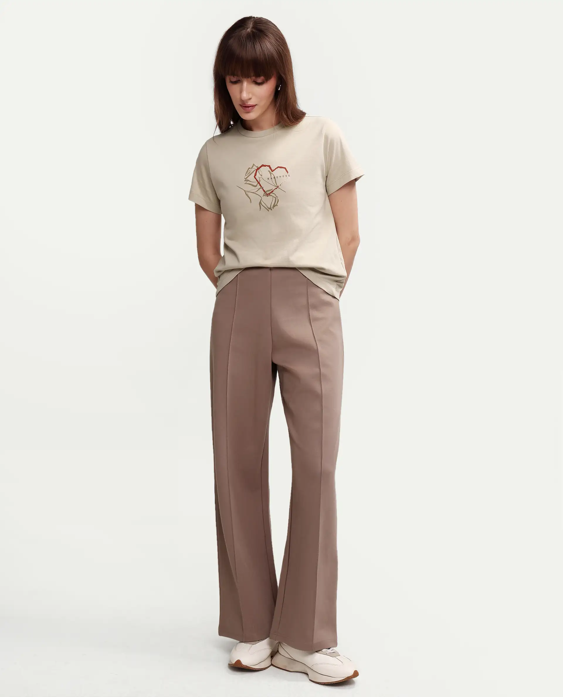 Rareism Women's Zavis Beige Cotton Half Sleeve Regular Fit Plain T-Shirt - Image 2