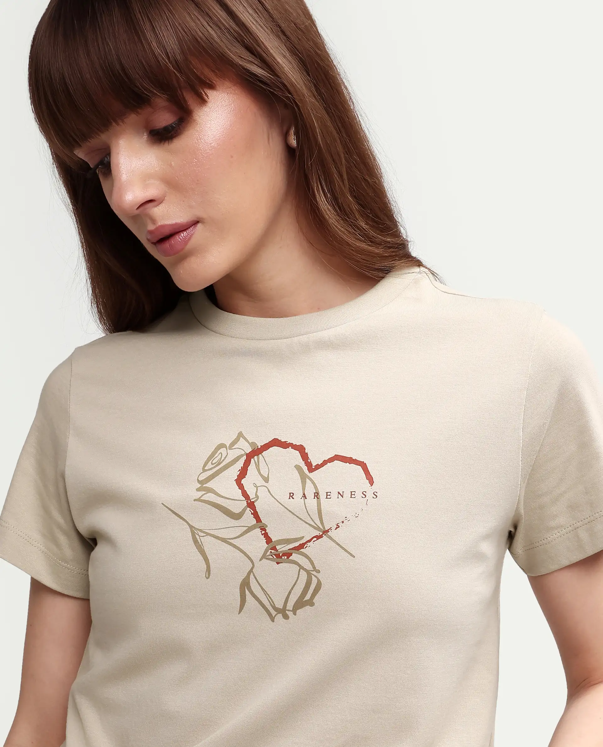 Rareism Women's Zavis Beige Cotton Half Sleeve Regular Fit Plain T-Shirt - Image 3