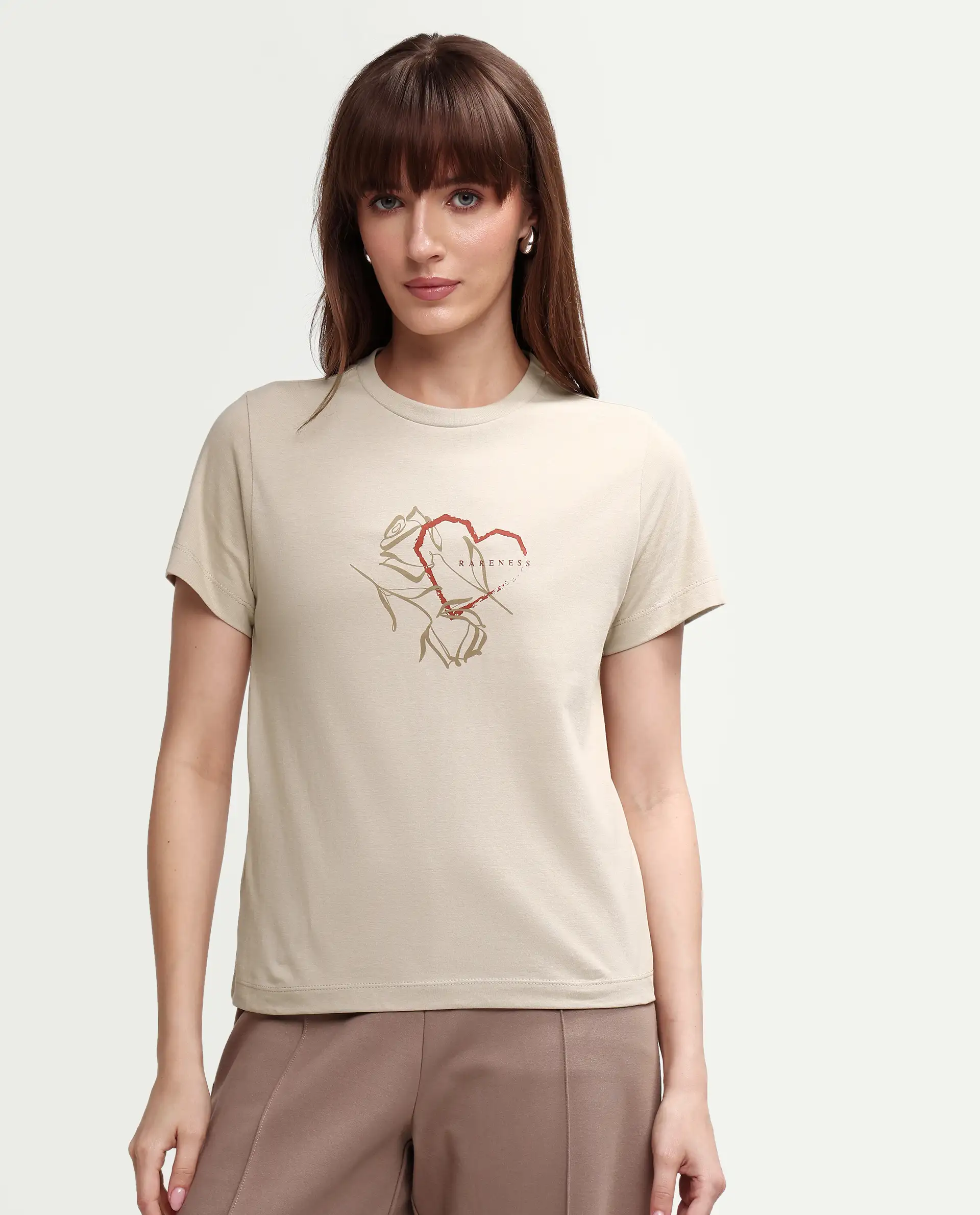 Rareism Women's Zavis Beige Cotton Half Sleeve Regular Fit Plain T-Shirt - Image 4