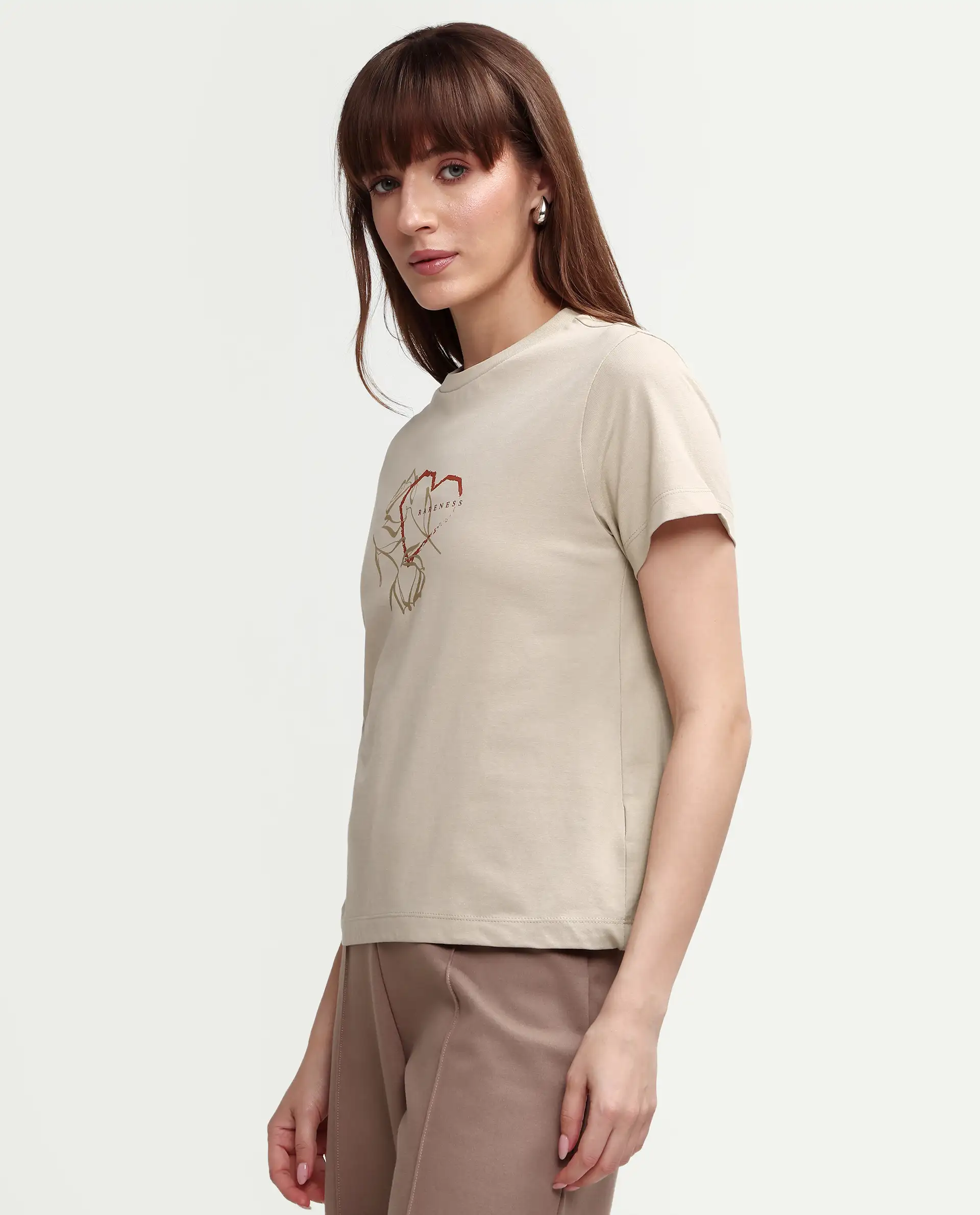 Rareism Women's Zavis Beige Cotton Half Sleeve Regular Fit Plain T-Shirt - Image 5