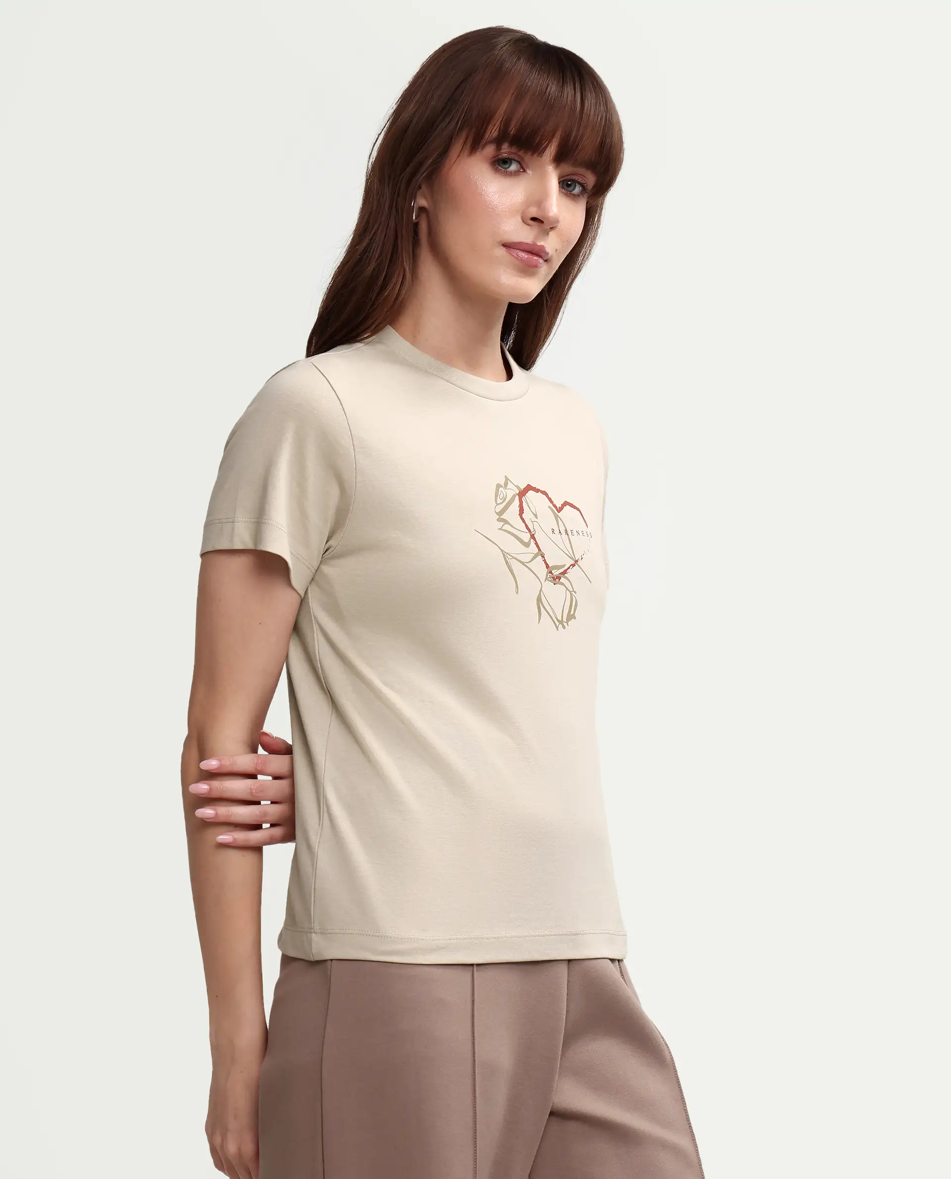 Rareism Women's Zavis Beige Cotton Half Sleeve Regular Fit Plain T-Shirt - Image 6