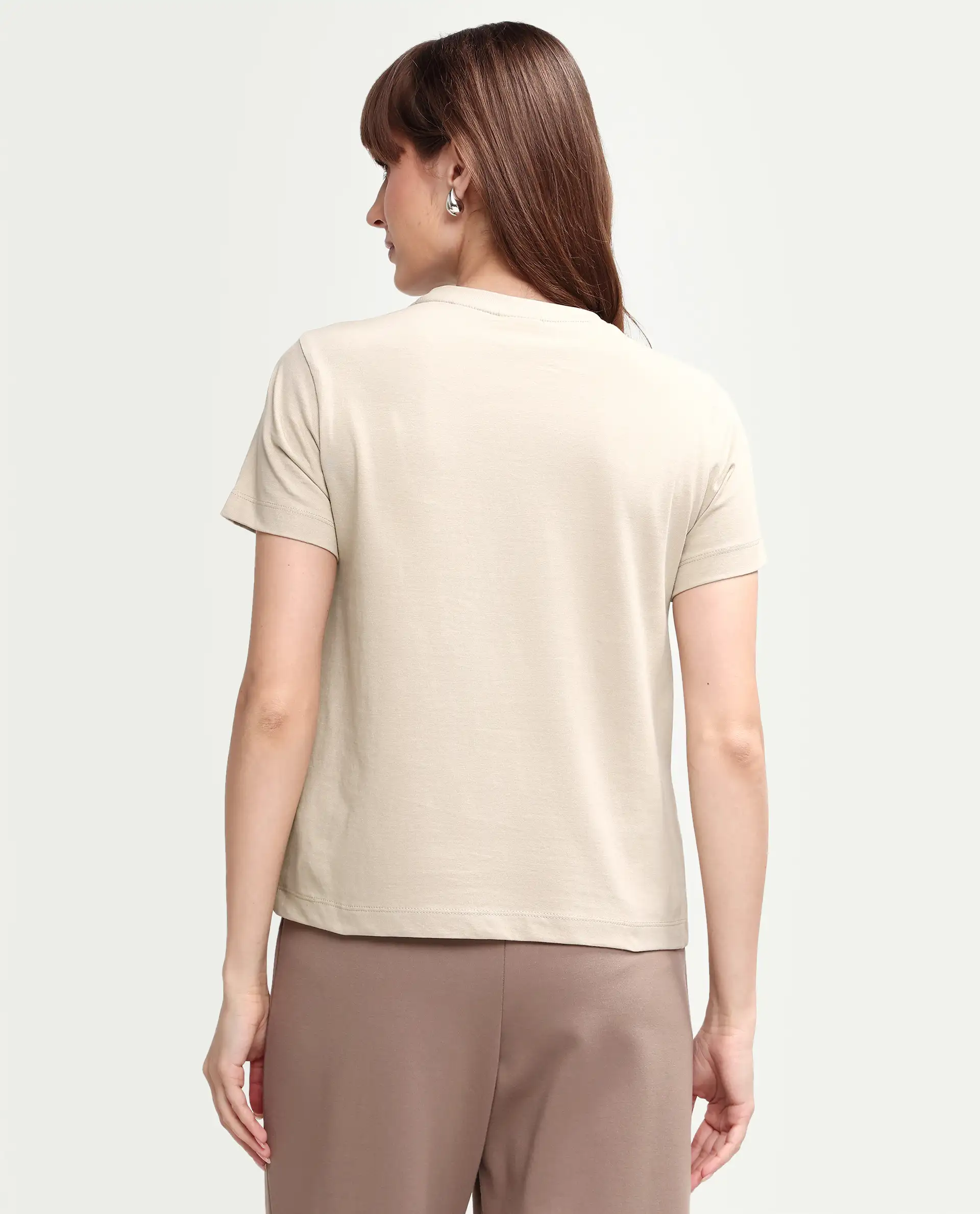 Rareism Women's Zavis Beige Cotton Half Sleeve Regular Fit Plain T-Shirt - Image 7