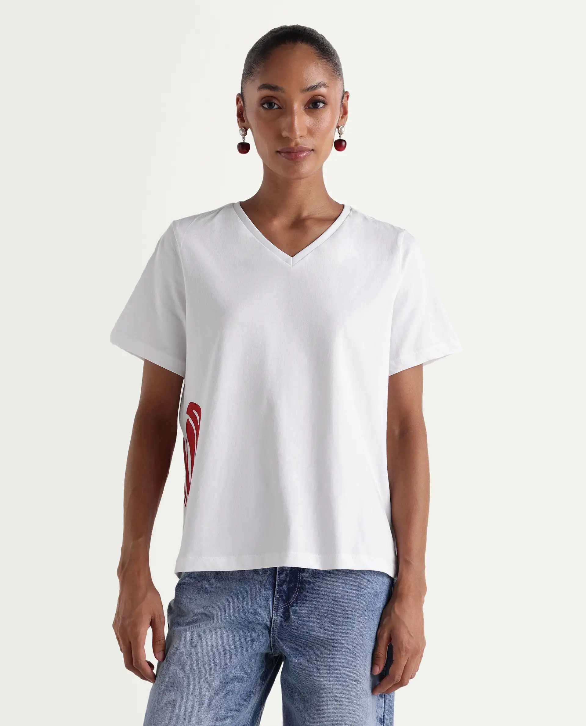 Rareism Women's Zay White Cotton V-Neck Pull-On Relaxed Typography Print T-Shirt - Image 3