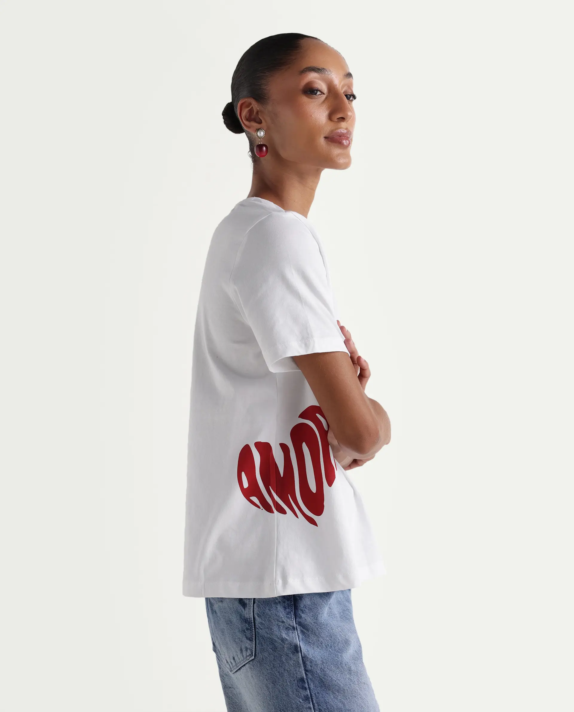 Rareism Women's Zay White Cotton V-Neck Pull-On Relaxed Typography Print T-Shirt - Image 5