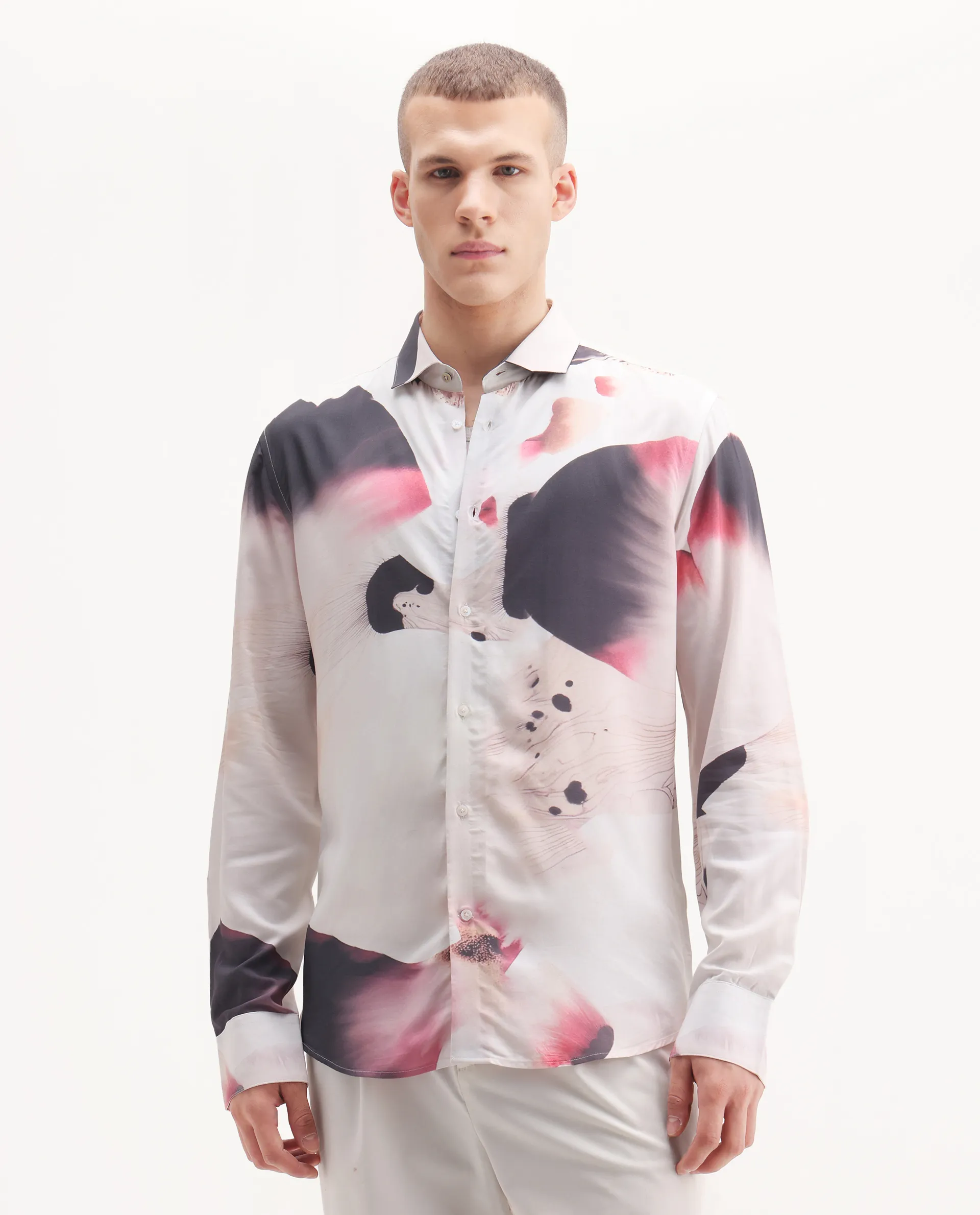 Rare Rabbit Men's Zaya Dusky White Viscose Floral Print Regular Fit Full Sleeve Collared Shirt - Image 4