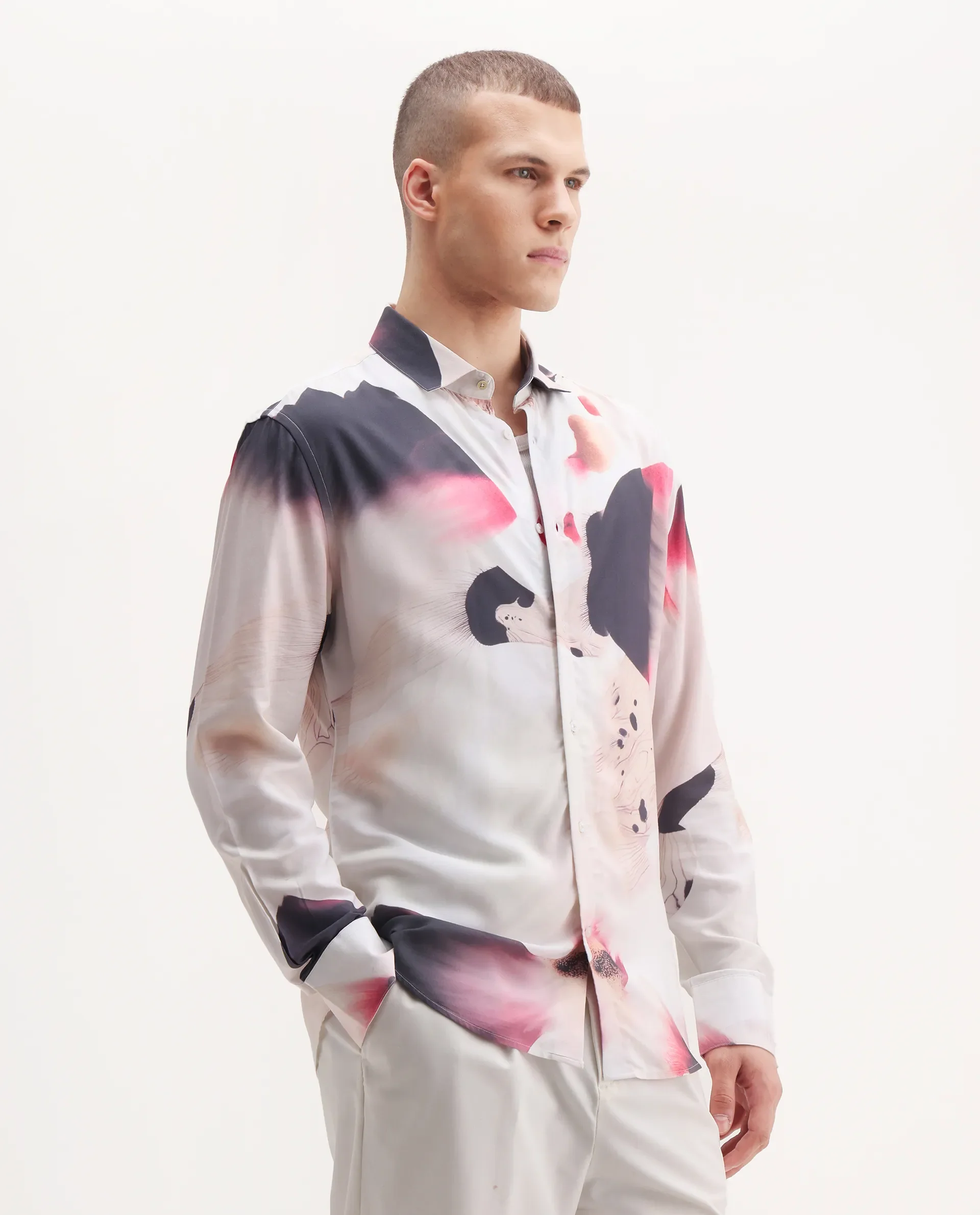 Rare Rabbit Men's Zaya Dusky White Viscose Floral Print Regular Fit Full Sleeve Collared Shirt - Image 6