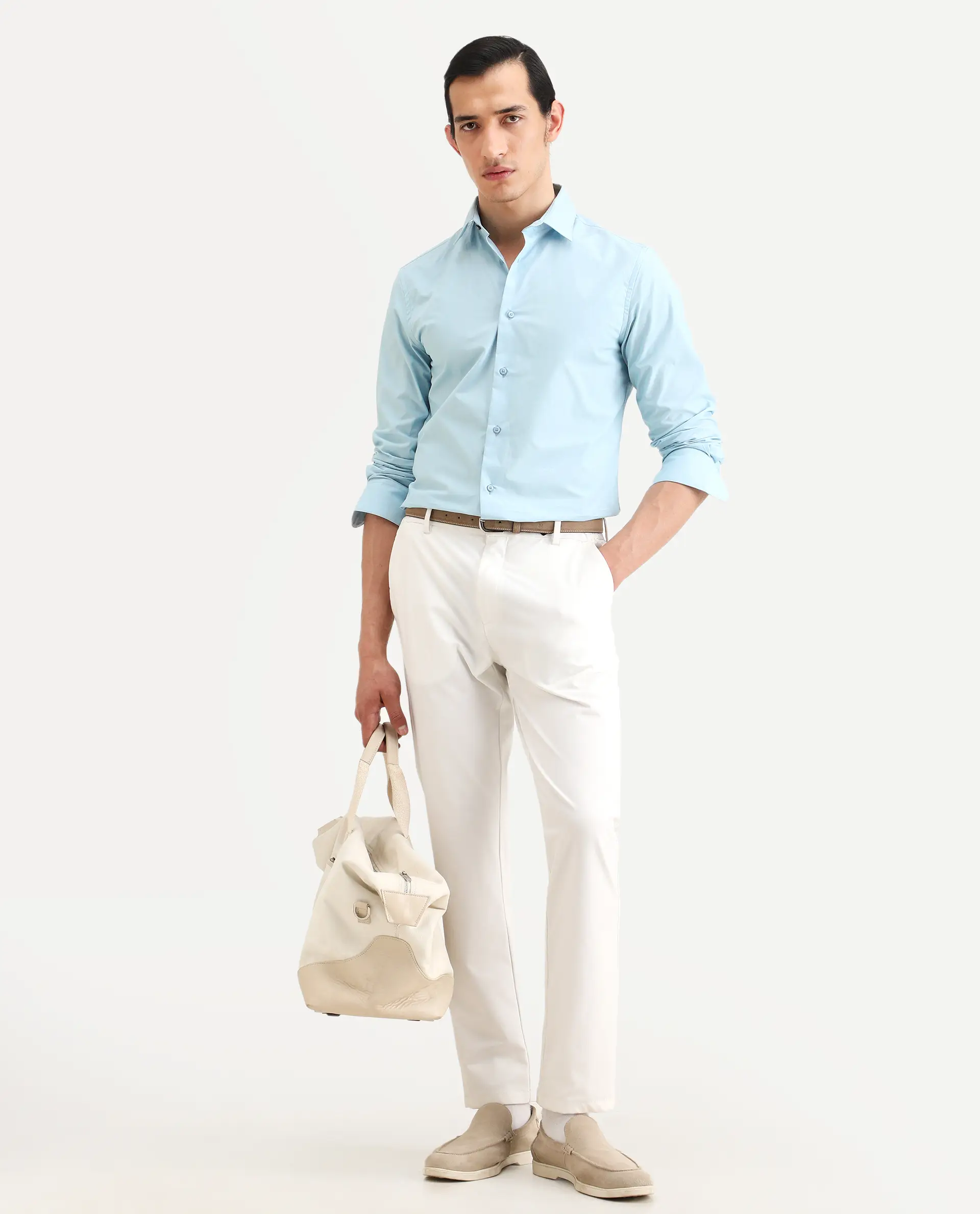 Rare Rabbit Men's Zazzle Light Blue Cotton Fabric Full Sleeve Spread Collar Regular Fit Plain Shirt - Image 2
