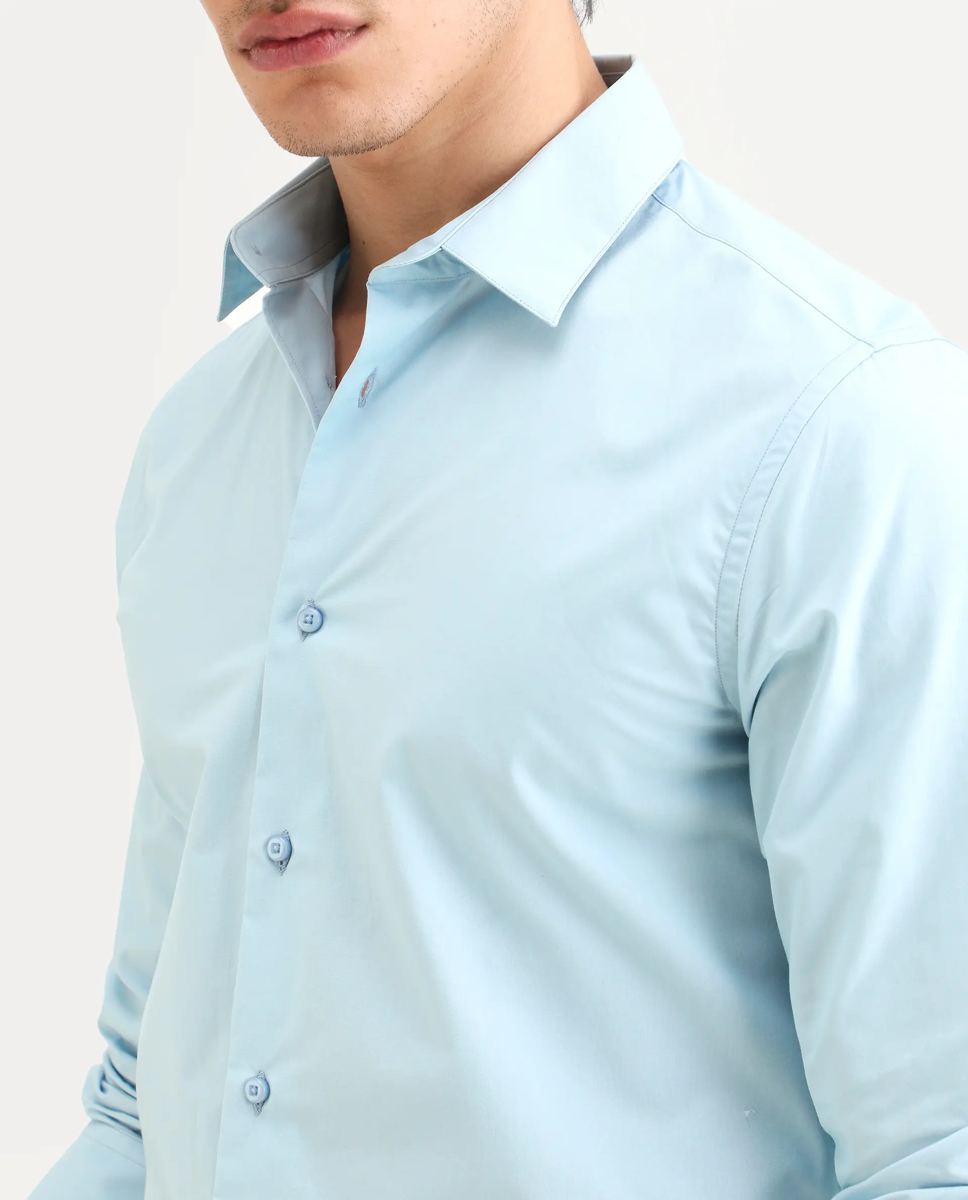 Rare Rabbit Men's Zazzle Light Blue Cotton Fabric Full Sleeve Spread Collar Regular Fit Plain Shirt - Image 3