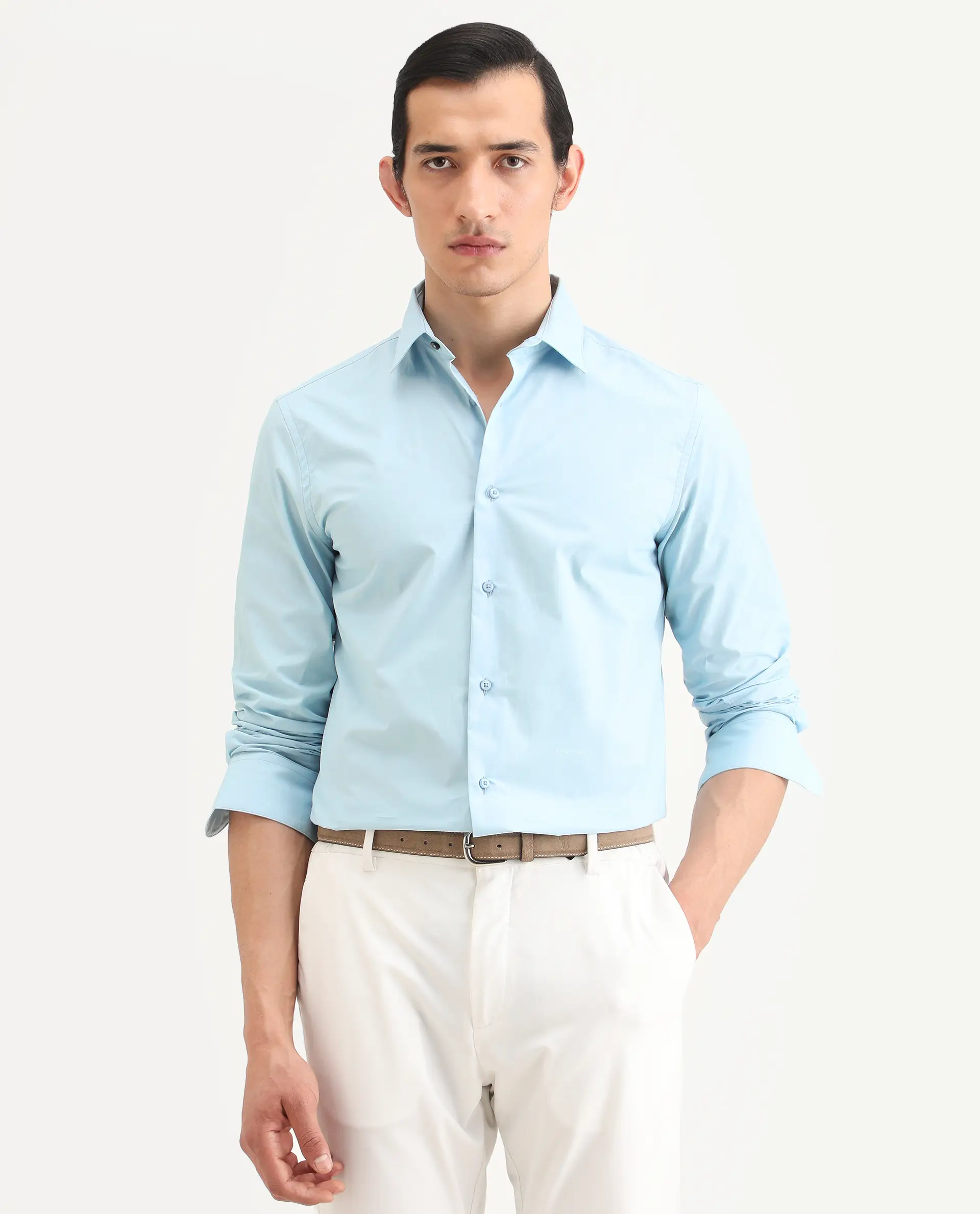 Rare Rabbit Men's Zazzle Light Blue Cotton Fabric Full Sleeve Spread Collar Regular Fit Plain Shirt - Image 4