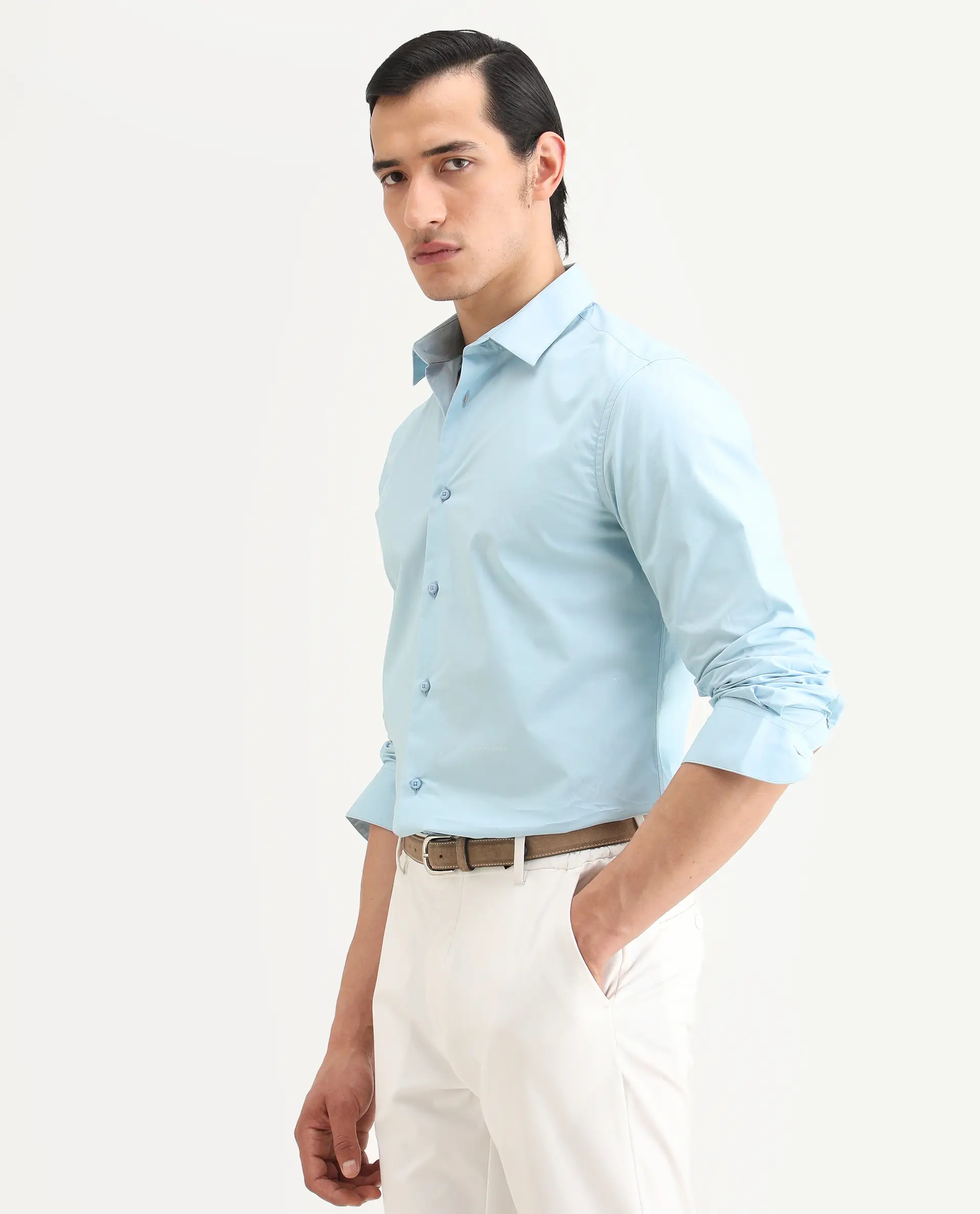 Rare Rabbit Men's Zazzle Light Blue Cotton Fabric Full Sleeve Spread Collar Regular Fit Plain Shirt - Image 5