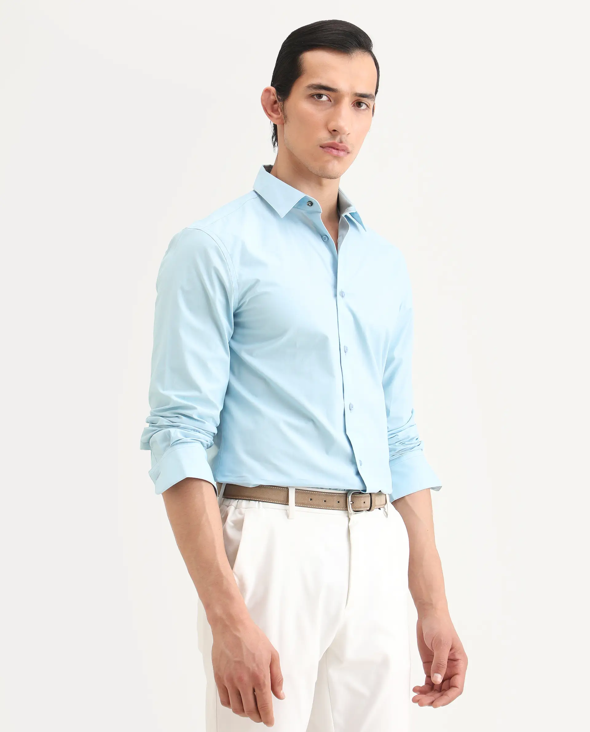 Rare Rabbit Men's Zazzle Light Blue Cotton Fabric Full Sleeve Spread Collar Regular Fit Plain Shirt - Image 6