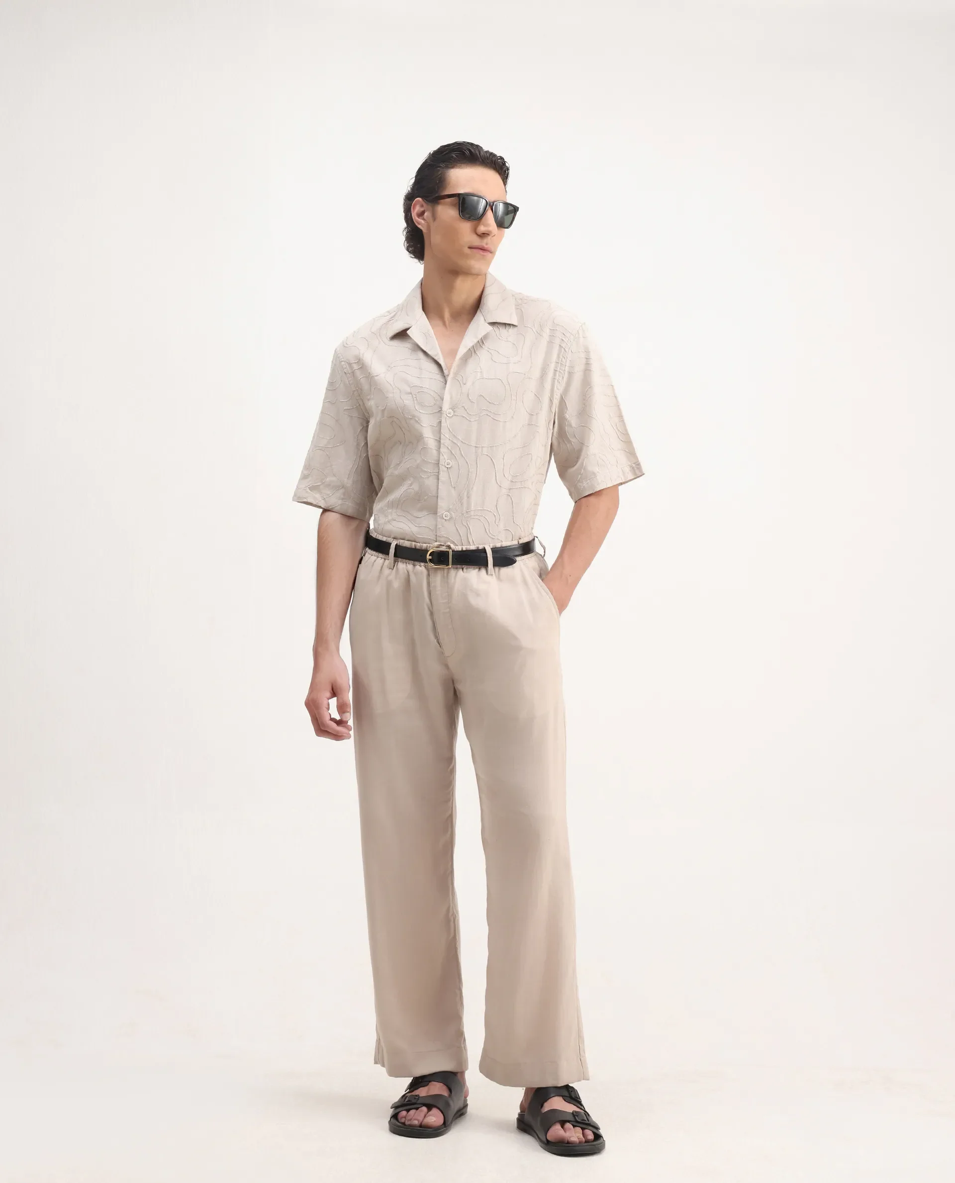 Rare Rabbit Men's Zeal Khaki Cotton Embroidered Oversized Fit Half Sleeve Cuban Collar Shirt - Image 2
