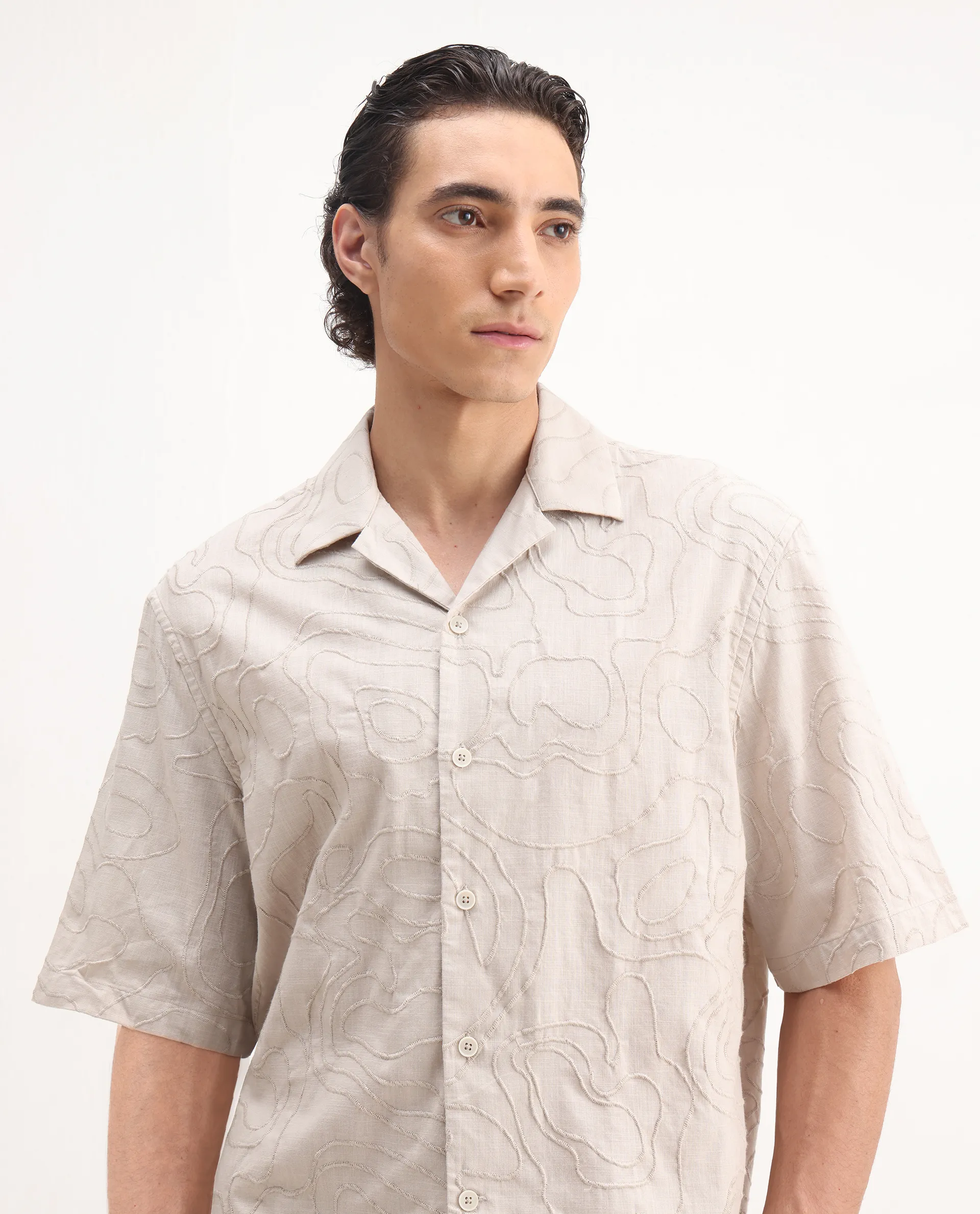 Rare Rabbit Men's Zeal Khaki Cotton Embroidered Oversized Fit Half Sleeve Cuban Collar Shirt - Image 3