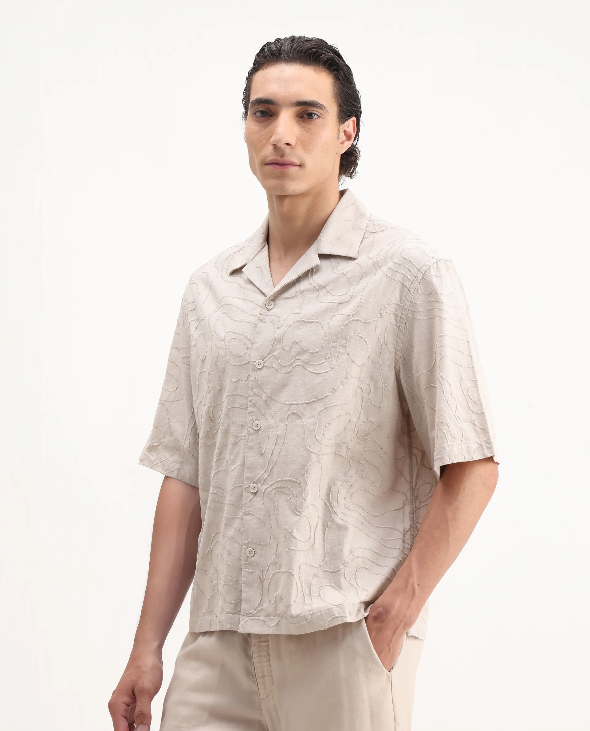 Rare Rabbit Men's Zeal Khaki Cotton Embroidered Oversized Fit Half Sleeve Cuban Collar Shirt - Image 4