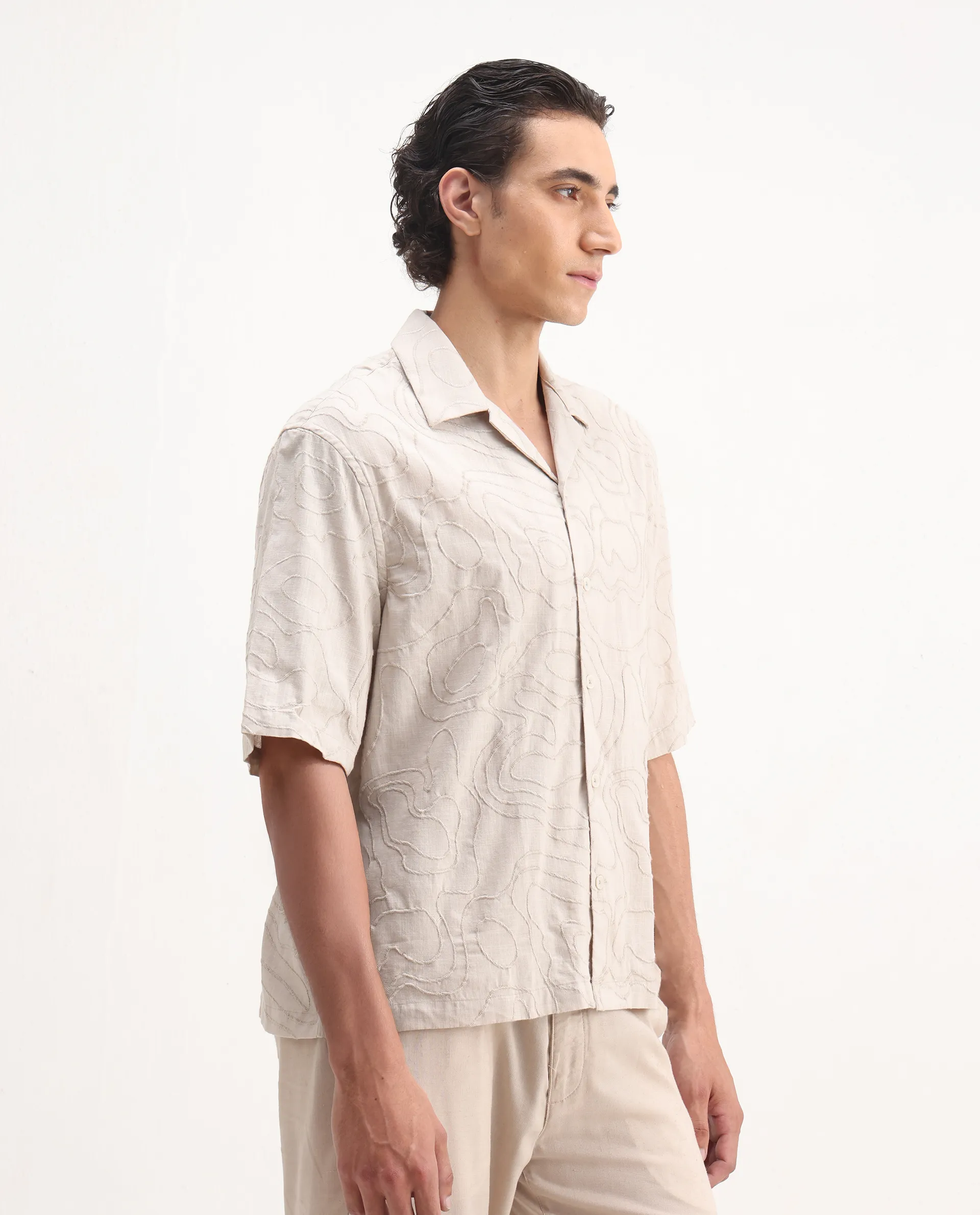 Rare Rabbit Men's Zeal Khaki Cotton Embroidered Oversized Fit Half Sleeve Cuban Collar Shirt - Image 5
