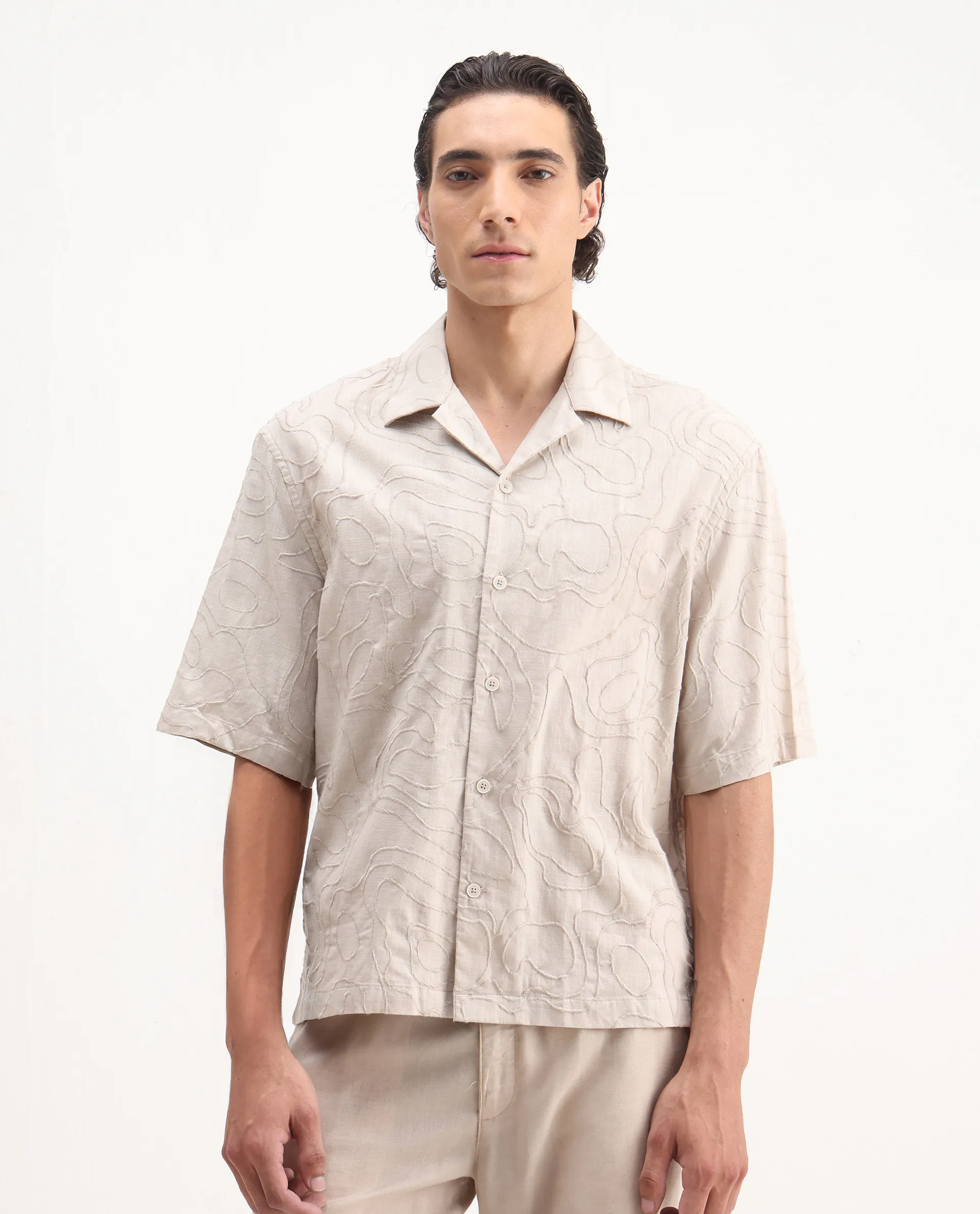 Rare Rabbit Men's Zeal Khaki Cotton Embroidered Oversized Fit Half Sleeve Cuban Collar Shirt - Image 6
