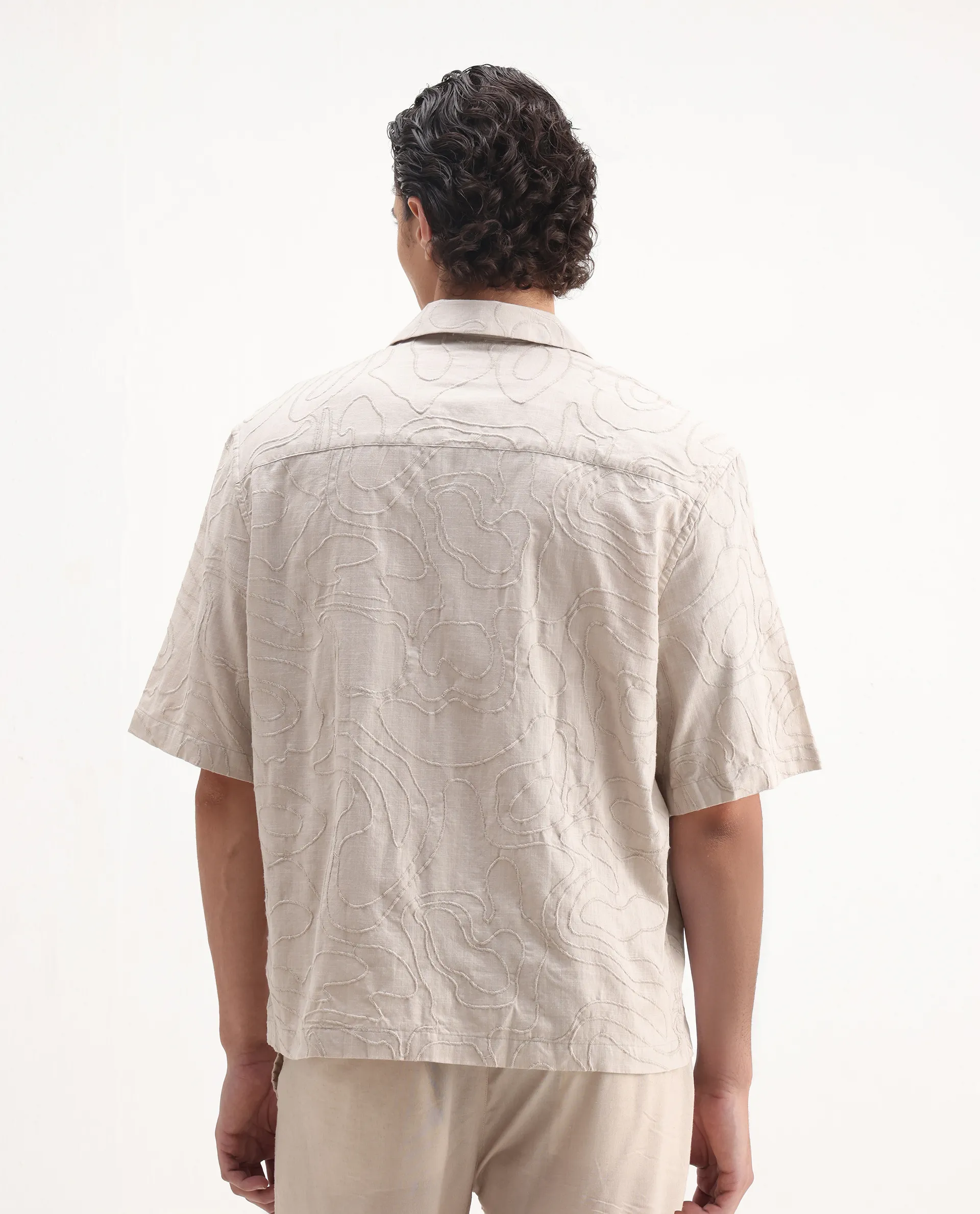 Rare Rabbit Men's Zeal Khaki Cotton Embroidered Oversized Fit Half Sleeve Cuban Collar Shirt - Image 7