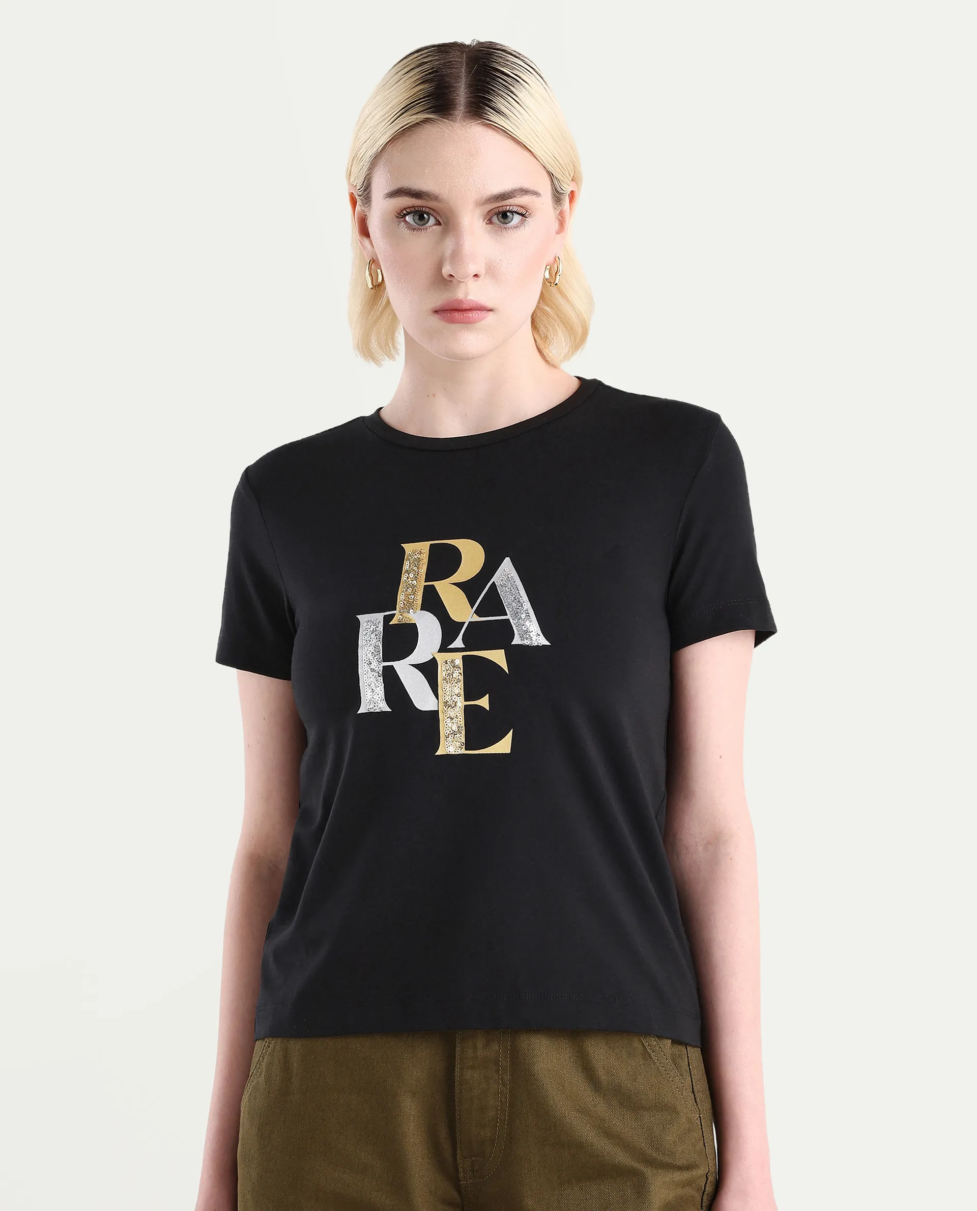 Rareism Women's Zebec Black Cotton Blend Crew Neck Graphic Print Regular Fit T-Shirt - Image 3