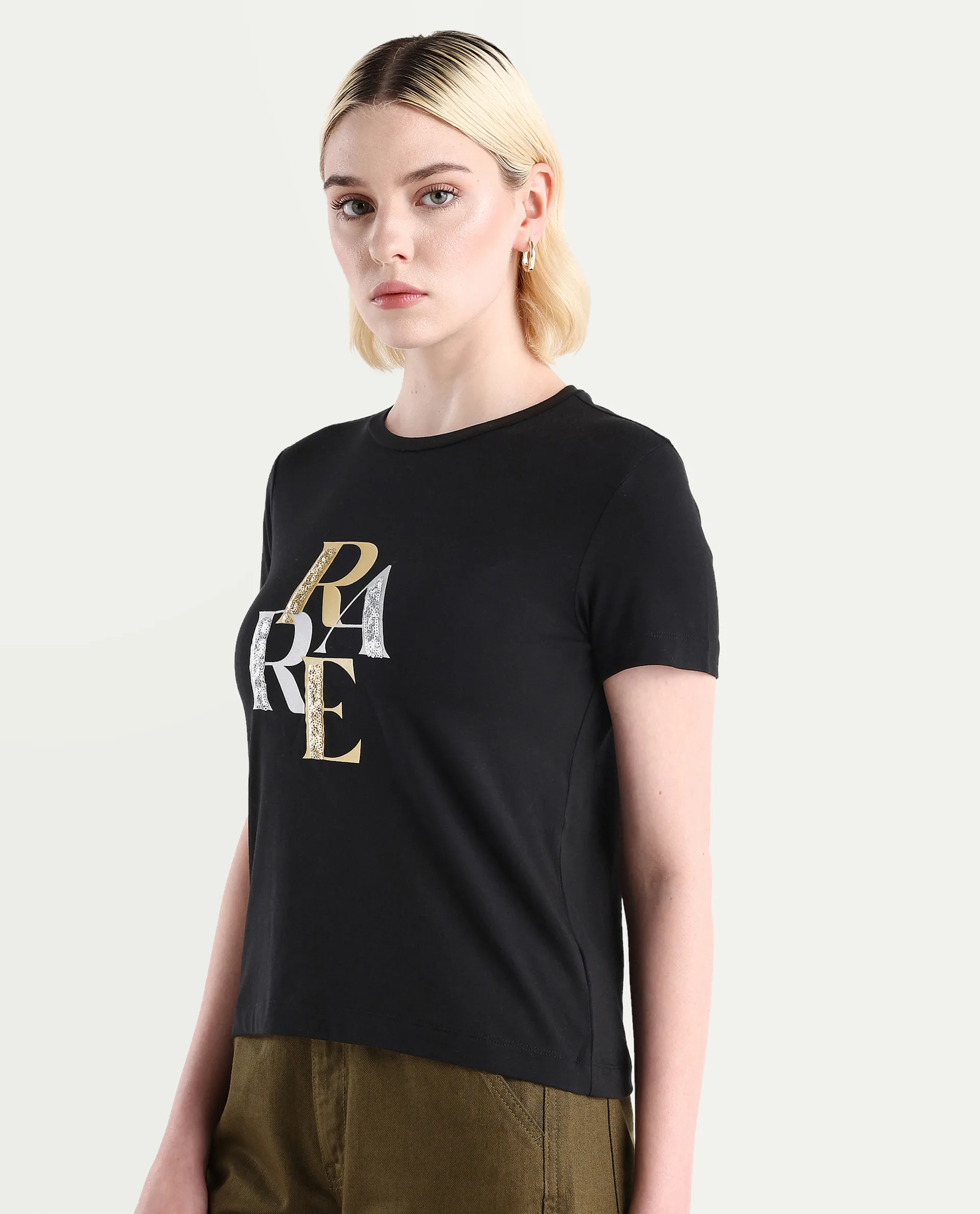 Rareism Women's Zebec Black Cotton Blend Crew Neck Graphic Print Regular Fit T-Shirt - Image 4