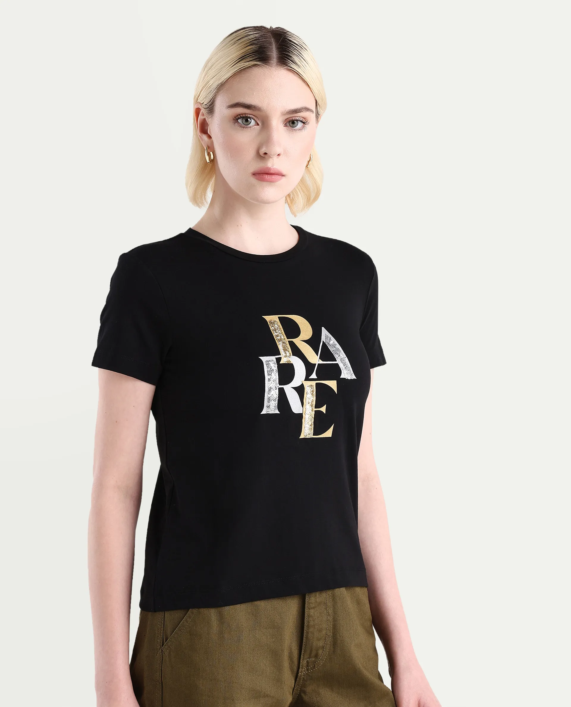 Rareism Women's Zebec Black Cotton Blend Crew Neck Graphic Print Regular Fit T-Shirt - Image 5