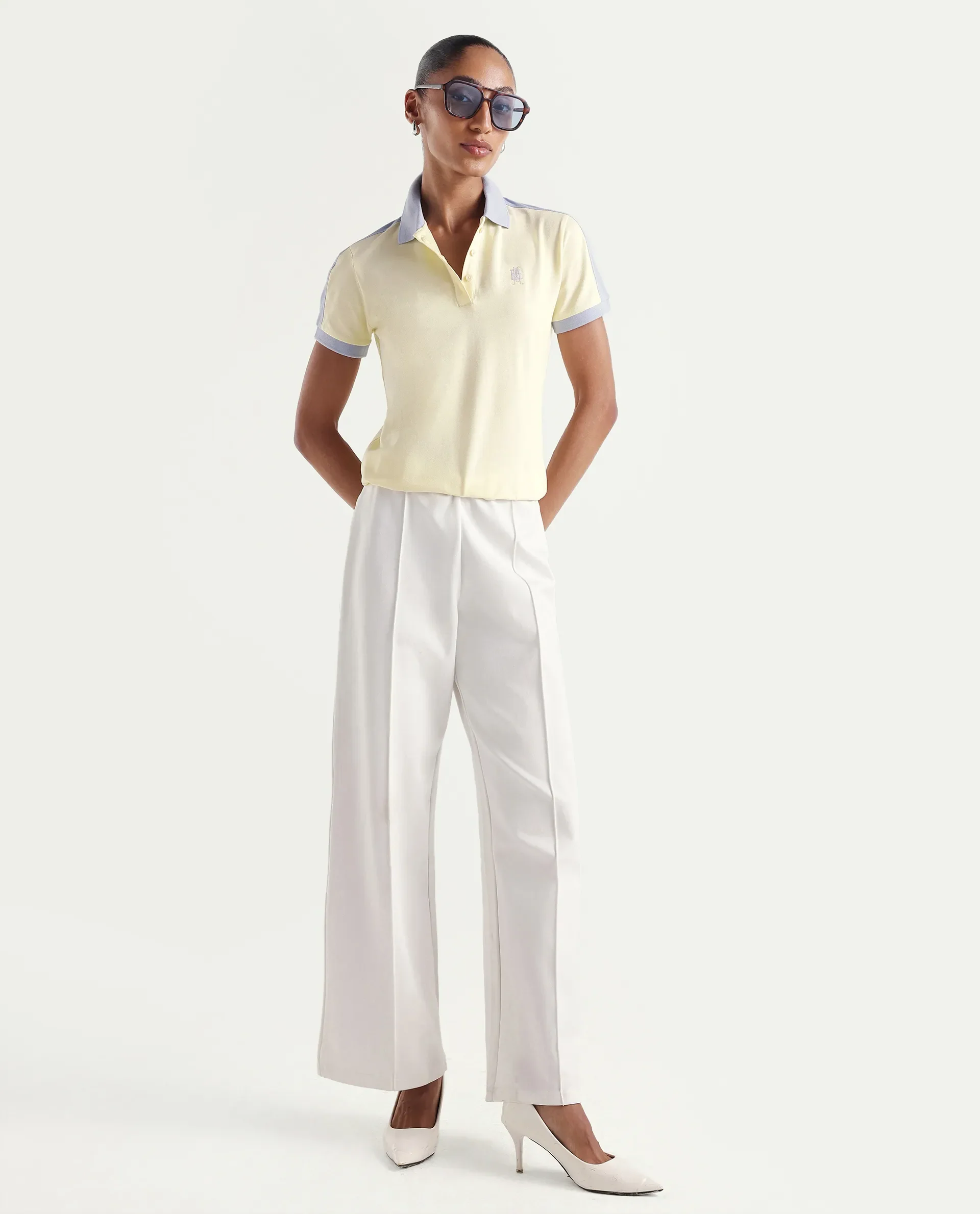 Rareism Women's Zeco Light Yellow Cotton Blend Half Sleeve Regular Fit Plain Polo - Image 2