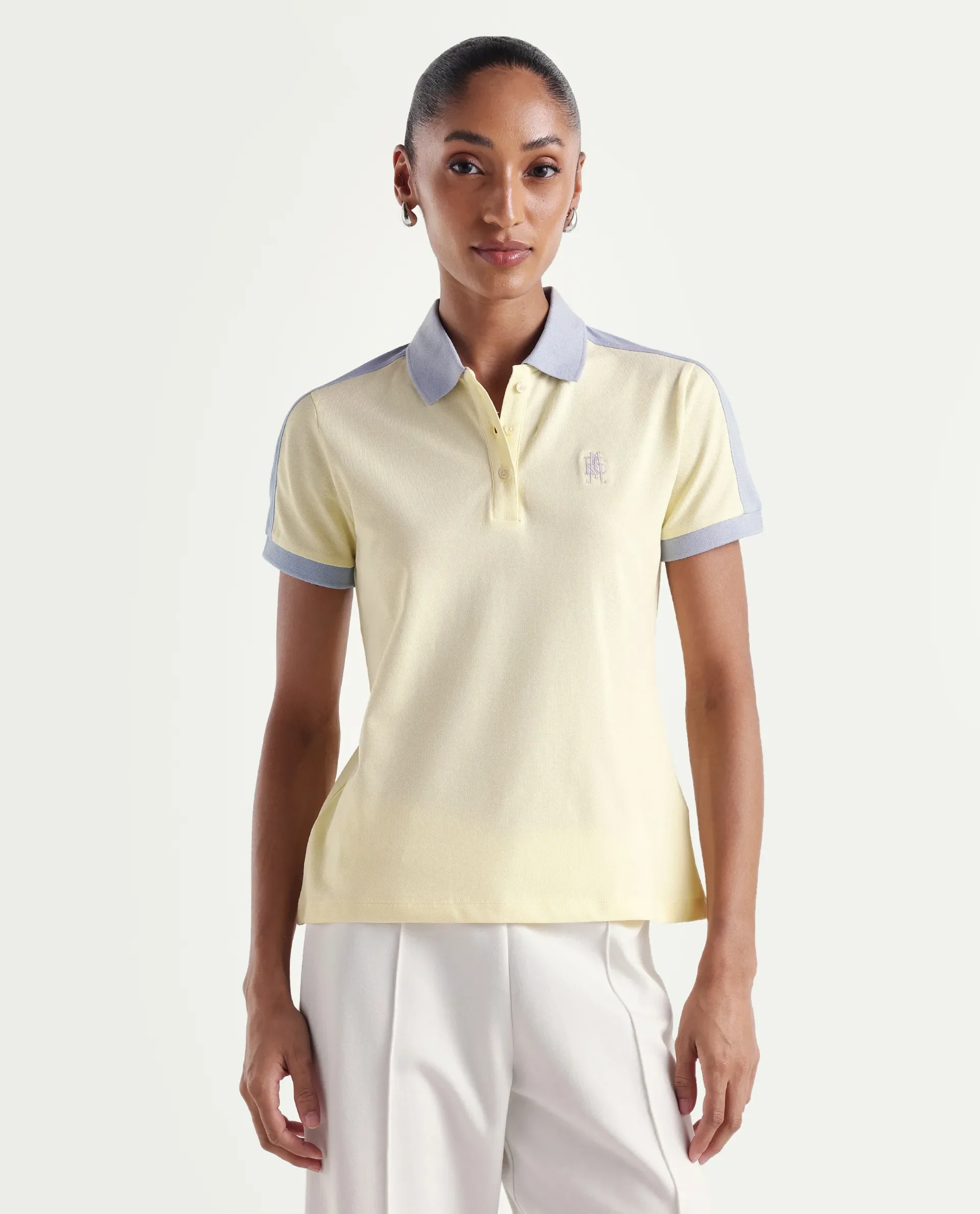 Rareism Women's Zeco Light Yellow Cotton Blend Half Sleeve Regular Fit Plain Polo - Image 3
