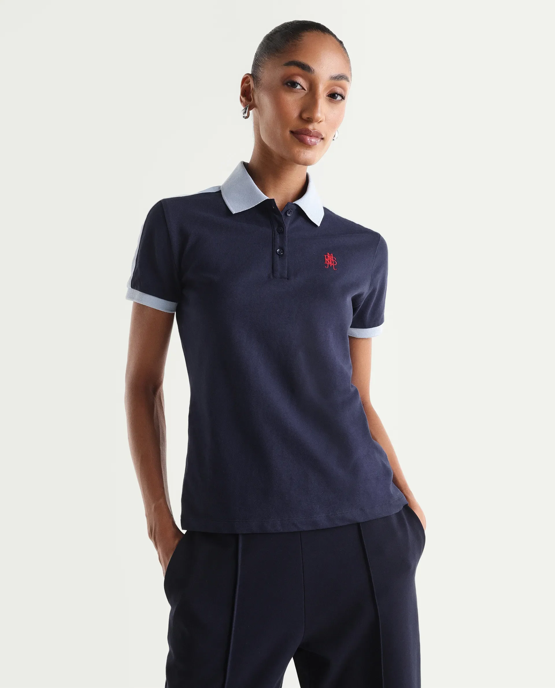 Rareism Women's Zeco Navy Cotton Blend Half Sleeve Regular Fit Plain Polo - Image 4
