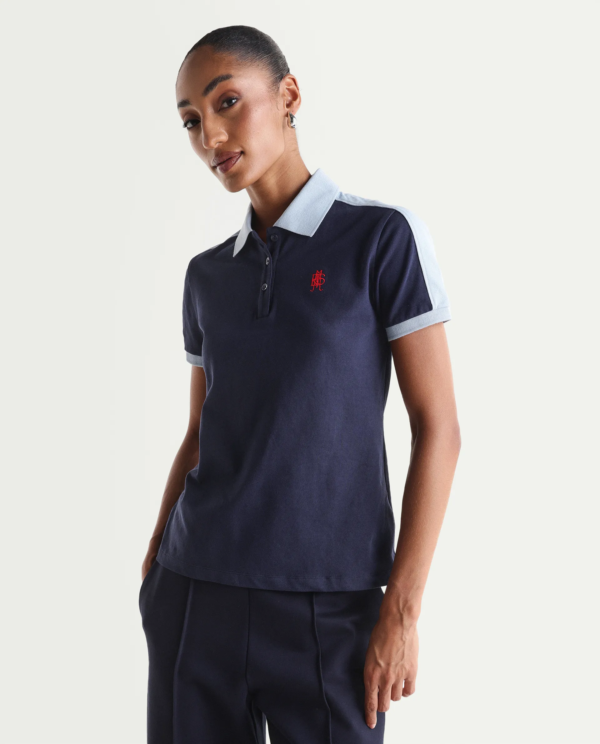 Rareism Women's Zeco Navy Cotton Blend Half Sleeve Regular Fit Plain Polo - Image 5