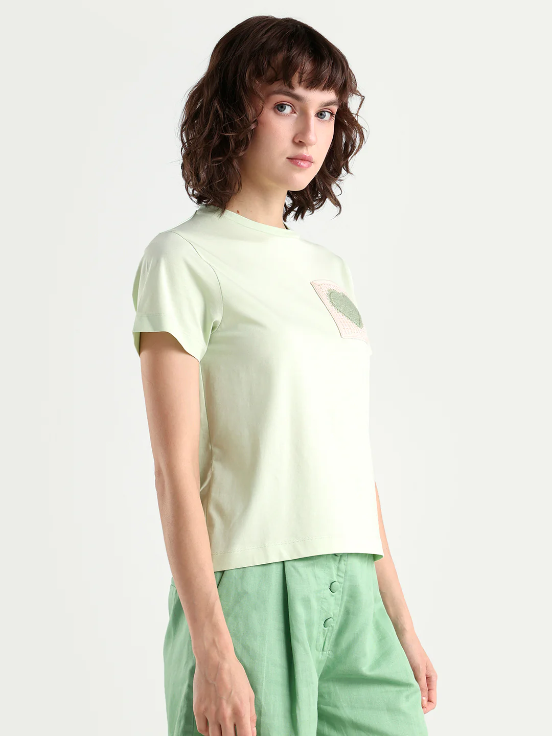 Rareism Women's Zed Light Green Cotton Blend Half Sleeve Regular Fit Plain T-Shirt - Image 6