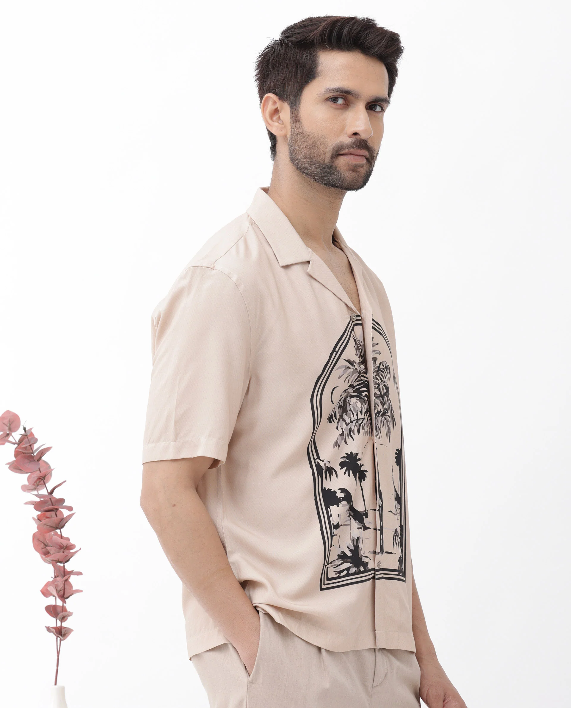 Rare Rabbit Men's Zedd Light Peach Viscose Tropical Print Boxy Fit Half Sleeve Cuban Collar Shirt - Image 11