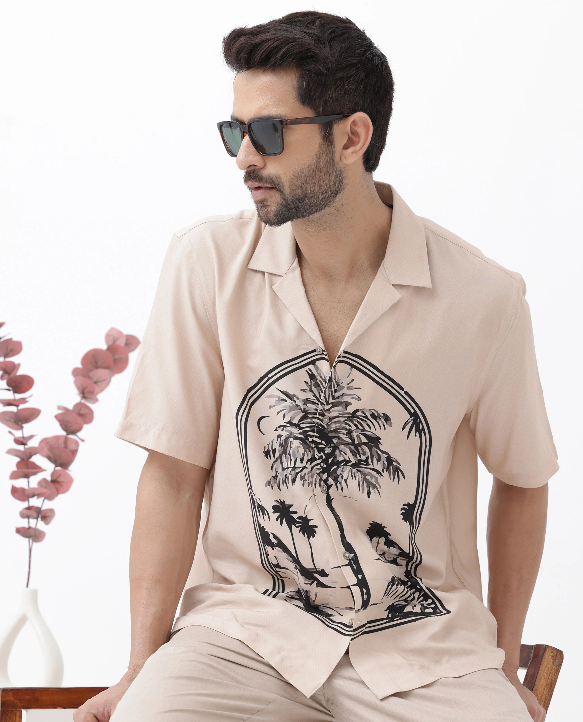 Rare Rabbit Men's Zedd Light Peach Viscose Tropical Print Boxy Fit Half Sleeve Cuban Collar Shirt - Image 2
