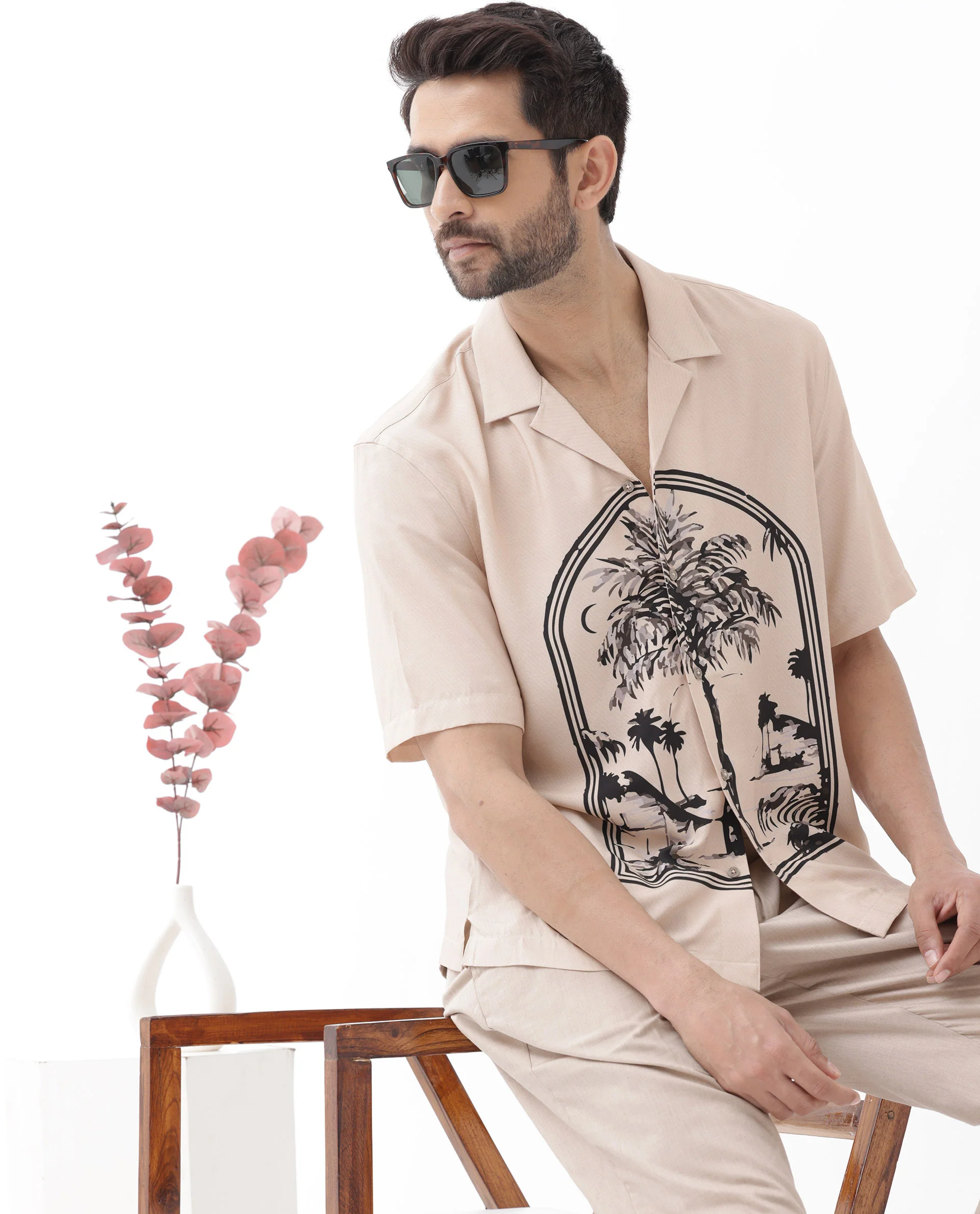 Rare Rabbit Men's Zedd Light Peach Viscose Tropical Print Boxy Fit Half Sleeve Cuban Collar Shirt - Image 3
