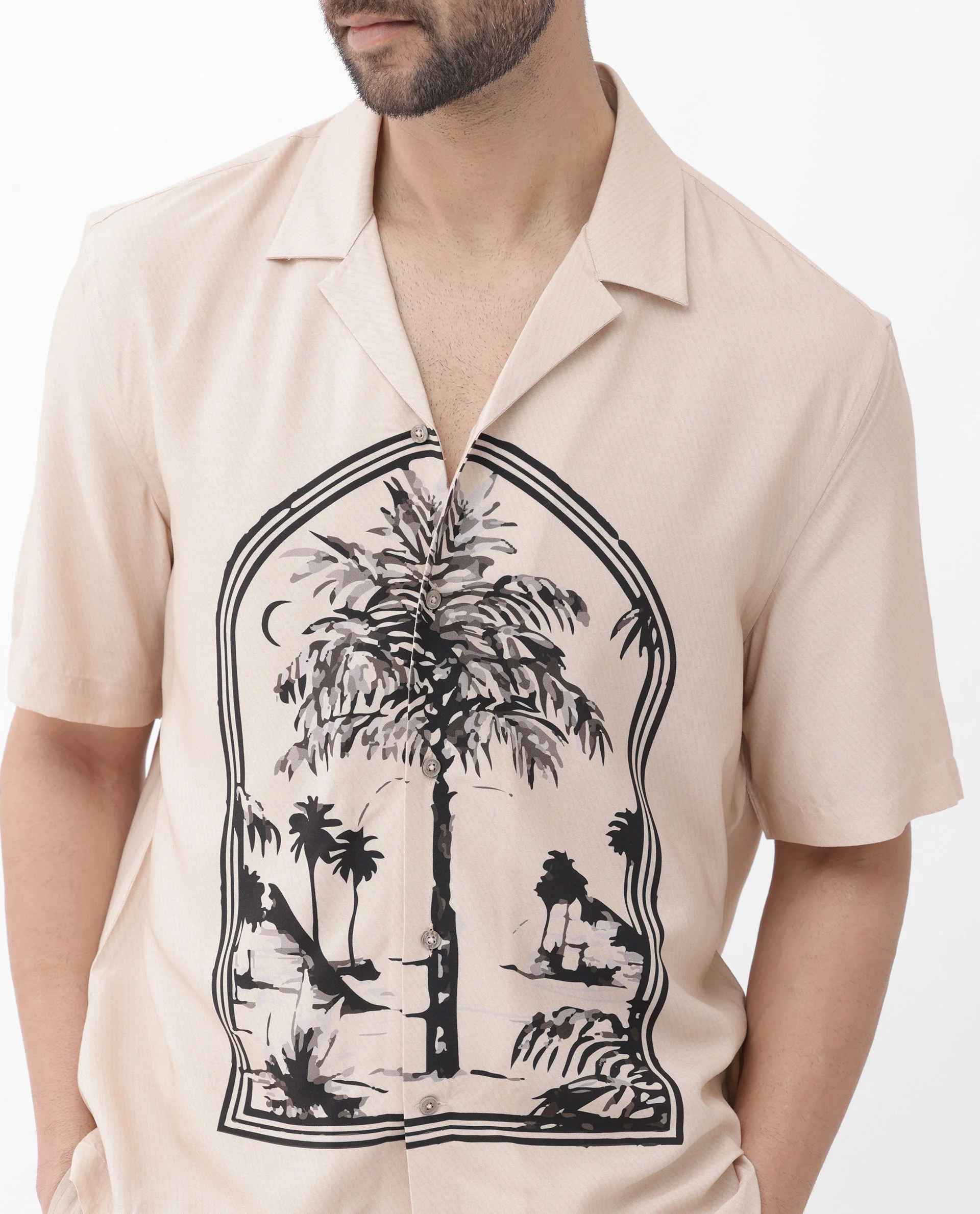 Rare Rabbit Men's Zedd Light Peach Viscose Tropical Print Boxy Fit Half Sleeve Cuban Collar Shirt - Image 6