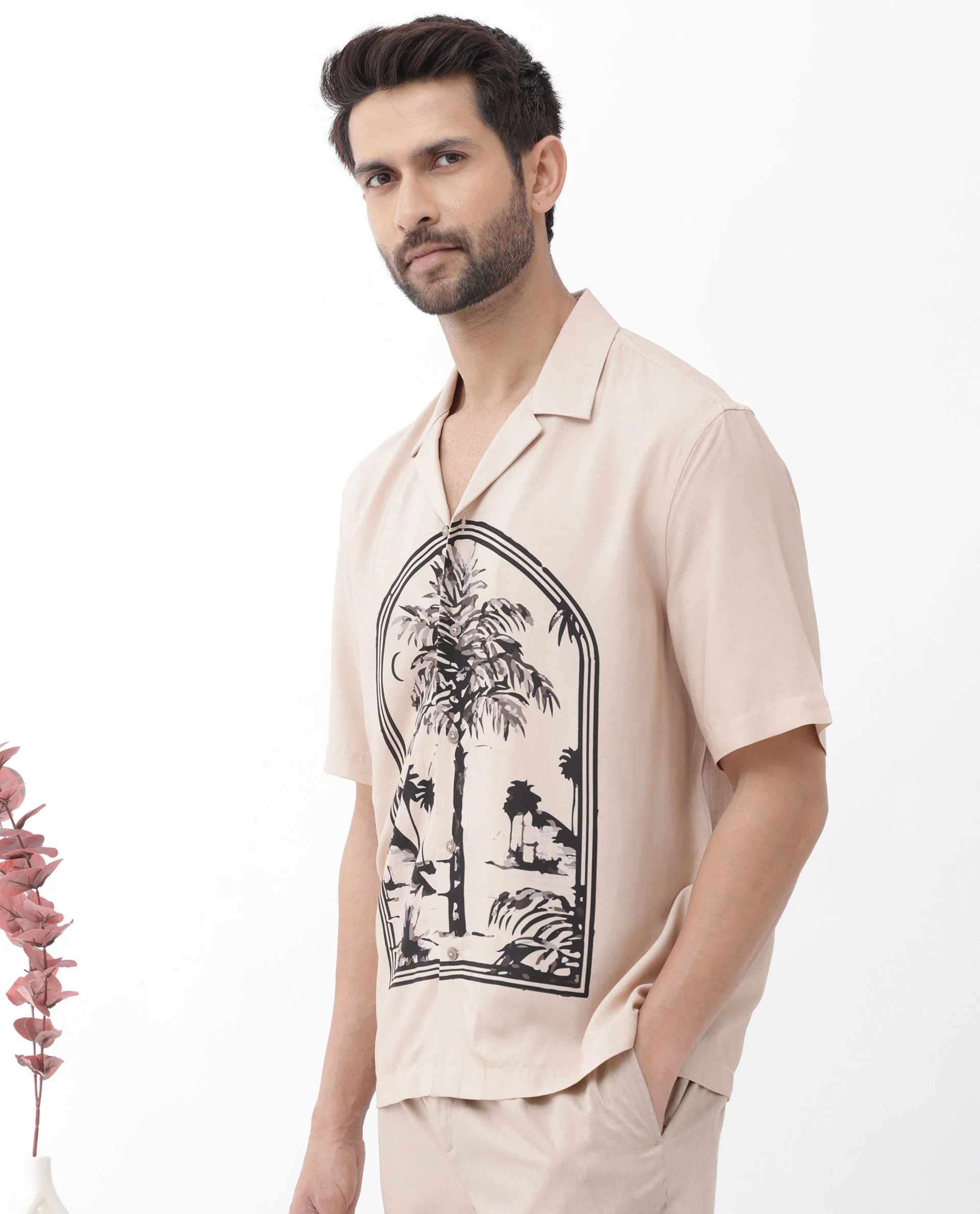 Rare Rabbit Men's Zedd Light Peach Viscose Tropical Print Boxy Fit Half Sleeve Cuban Collar Shirt - Image 7