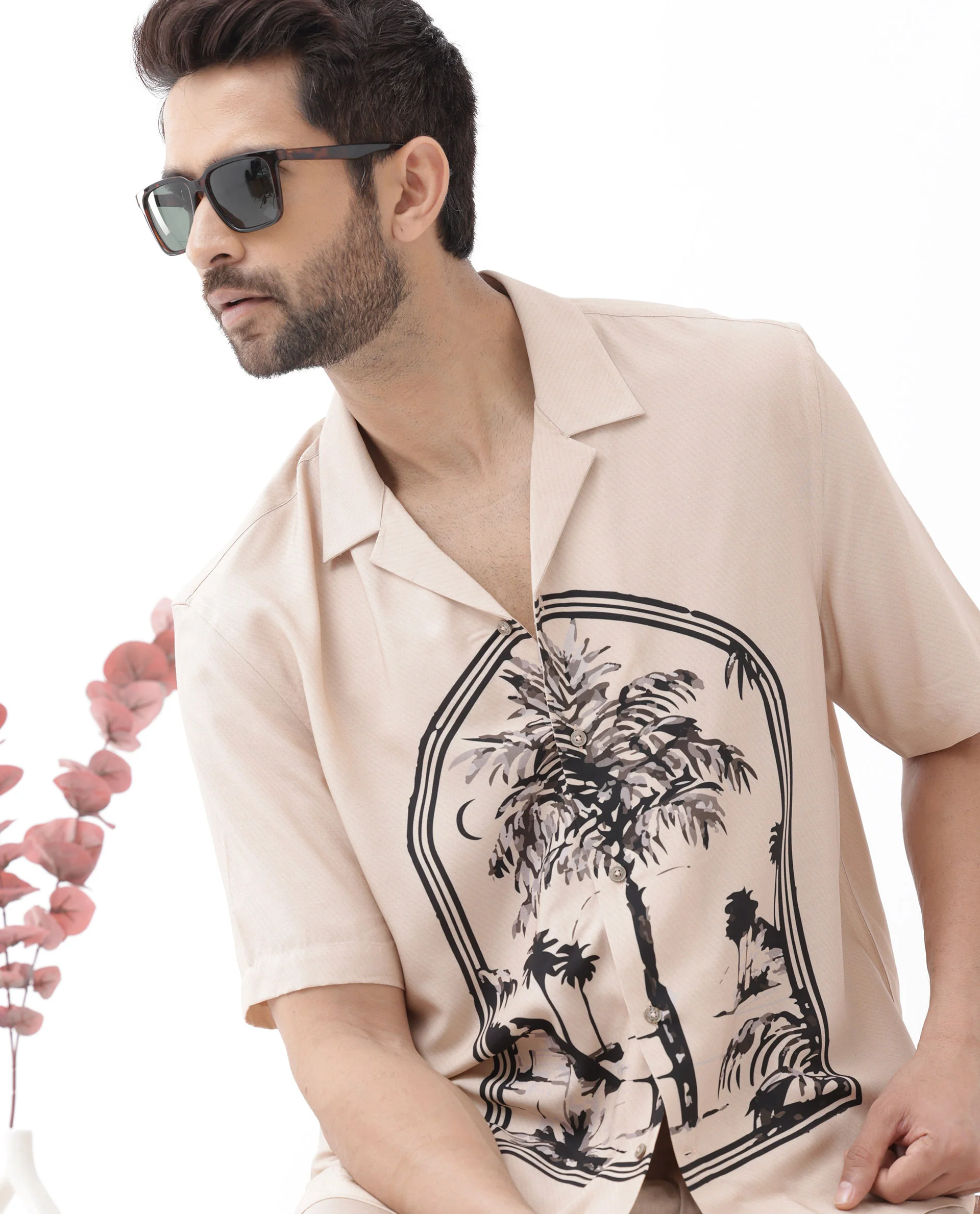 Rare Rabbit Men's Zedd Light Peach Viscose Tropical Print Boxy Fit Half Sleeve Cuban Collar Shirt - Image 8