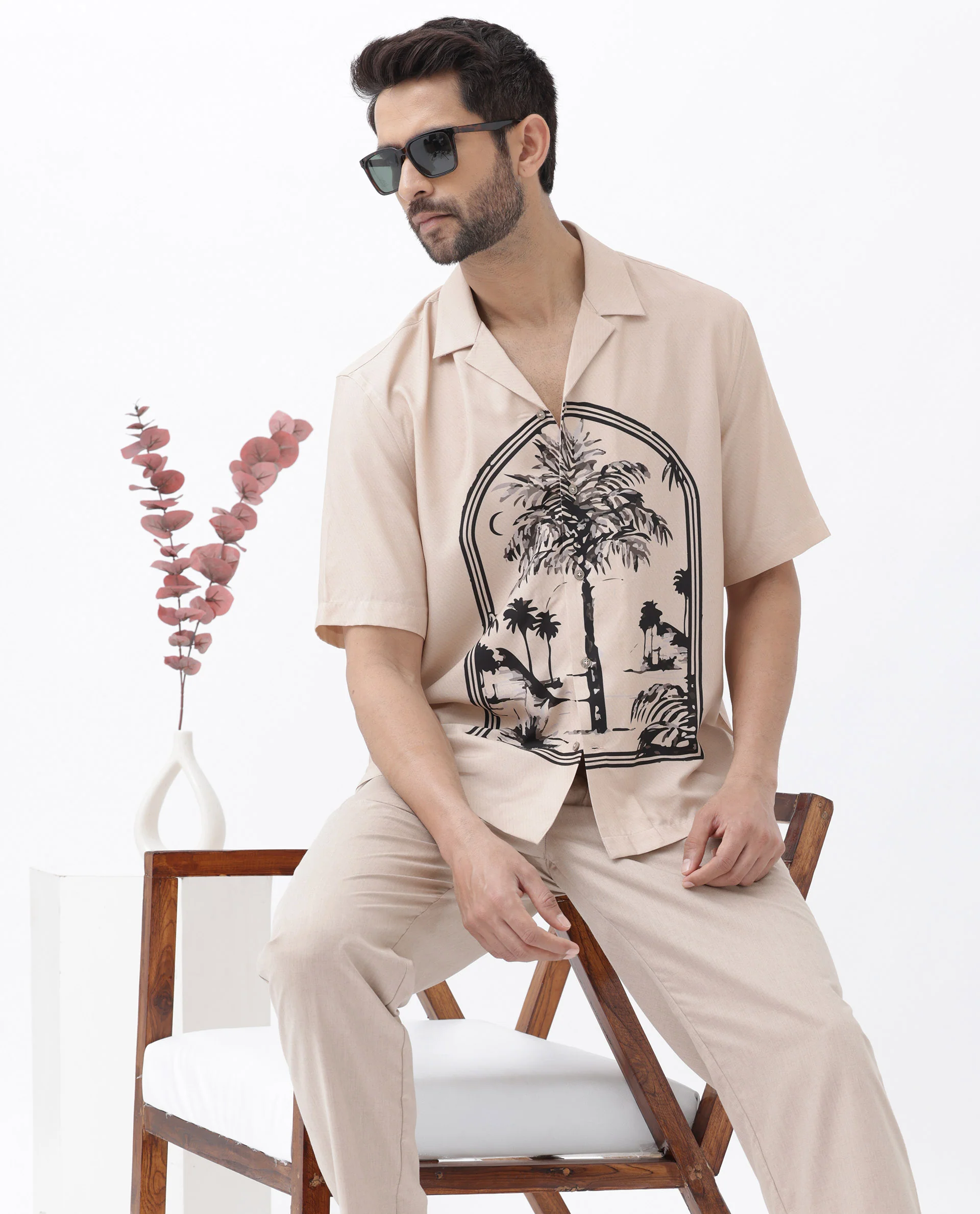 Rare Rabbit Men's Zedd Light Peach Viscose Tropical Print Boxy Fit Half Sleeve Cuban Collar Shirt - Image 9