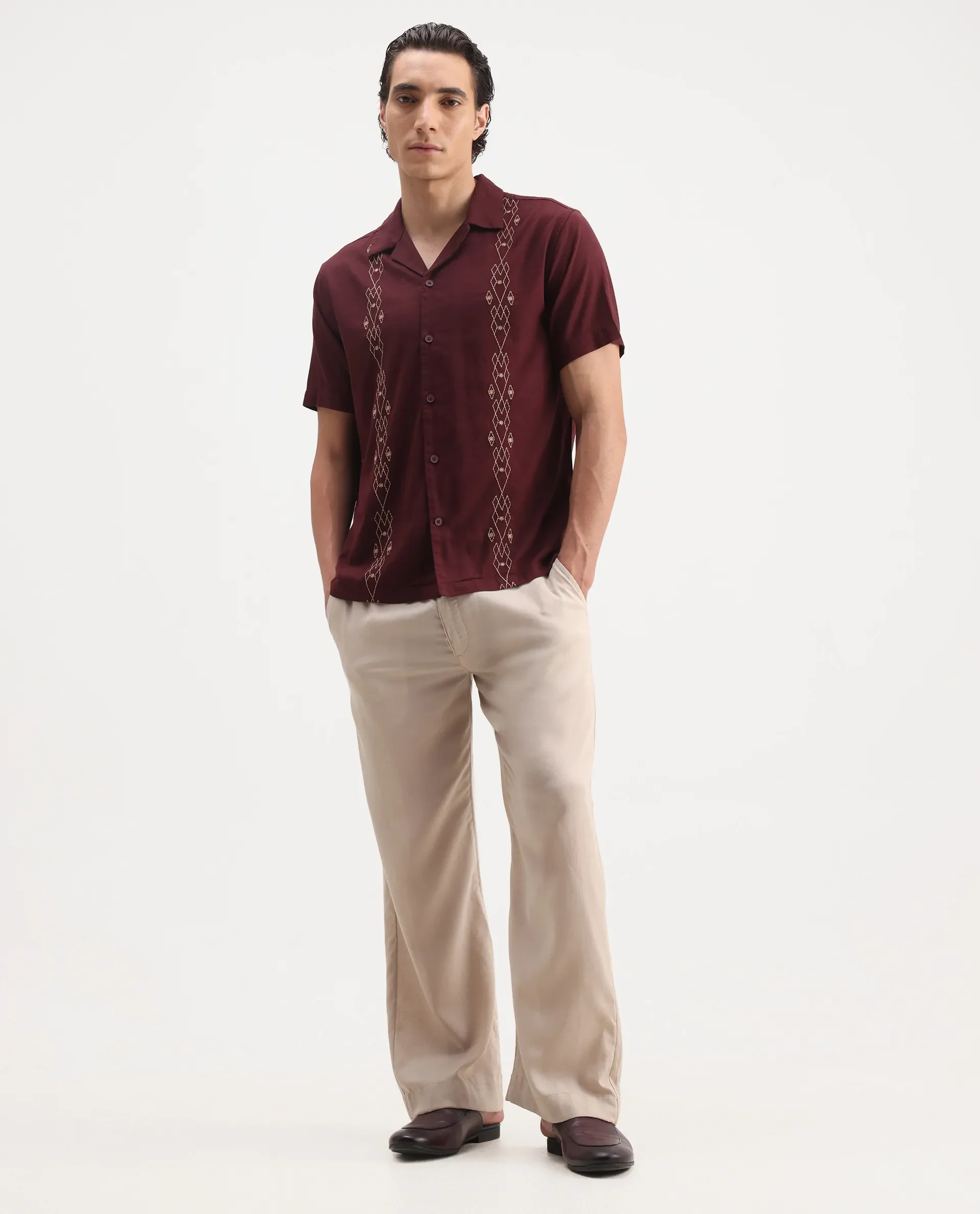 Rare Rabbit Men's Zedter-1 Dusky Maroon Cotton Blend Embroidered Relaxed Fit Half Sleeve Cuban Collar Shirt - Image 2