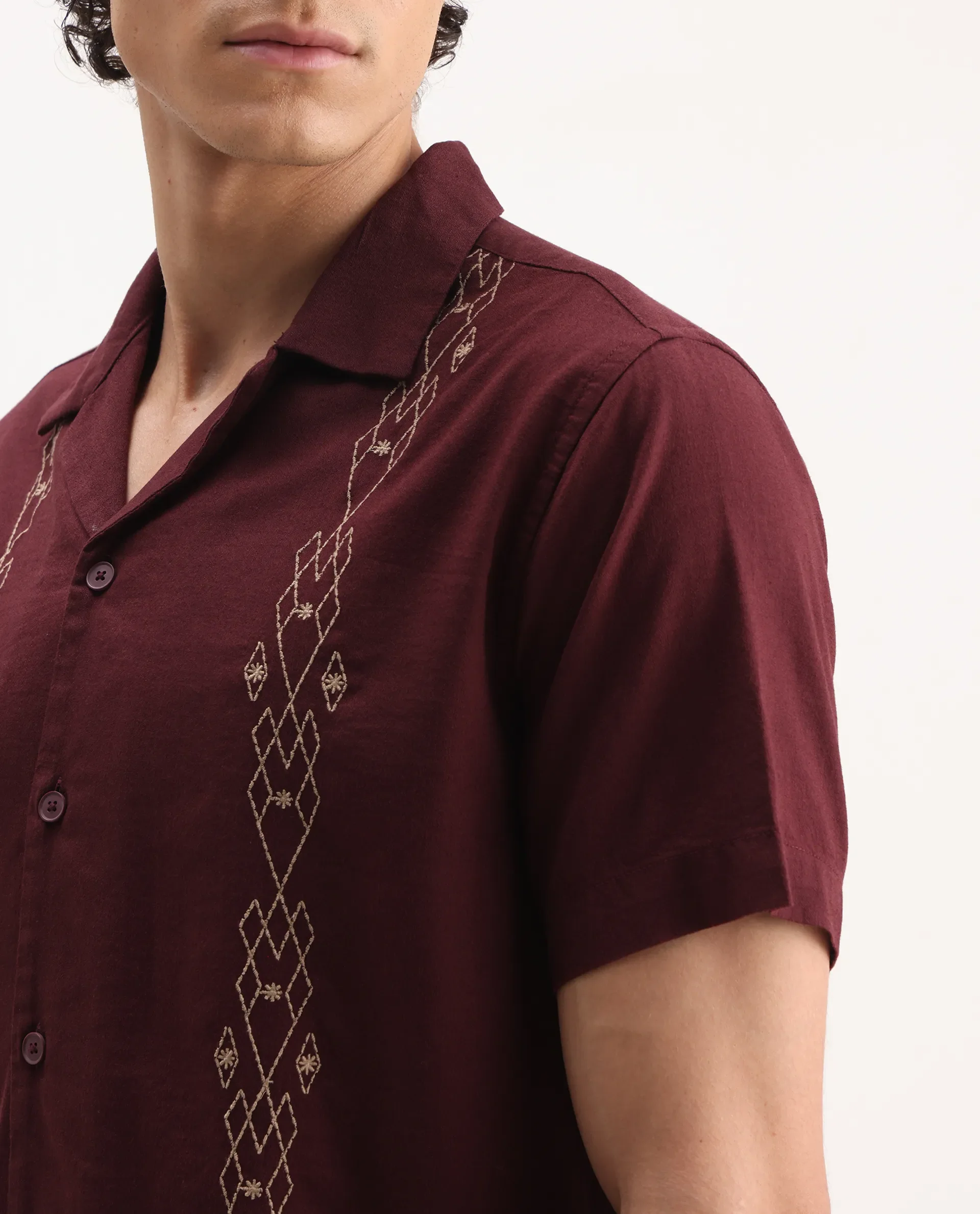 Rare Rabbit Men's Zedter-1 Dusky Maroon Cotton Blend Embroidered Relaxed Fit Half Sleeve Cuban Collar Shirt - Image 3