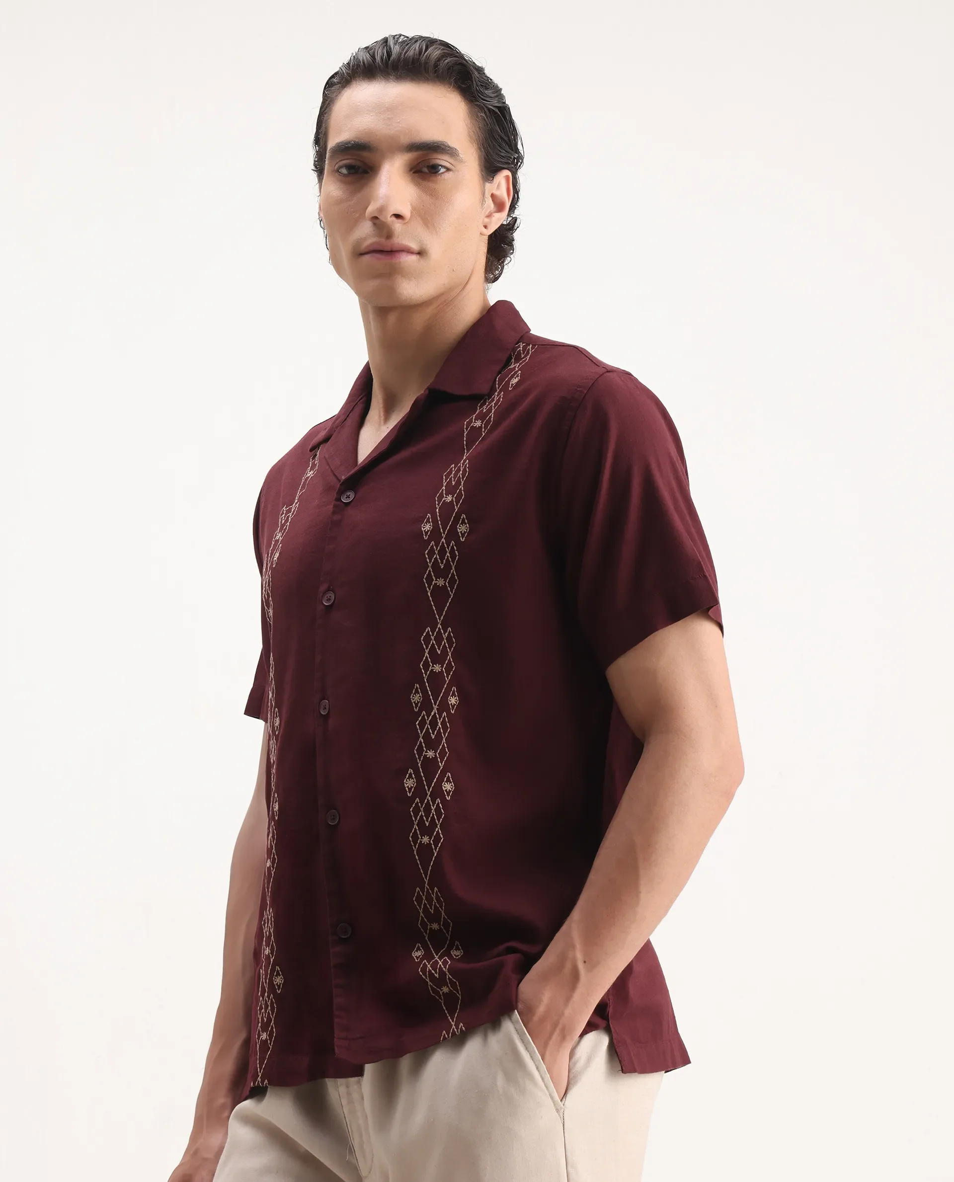 Rare Rabbit Men's Zedter-1 Dusky Maroon Cotton Blend Embroidered Relaxed Fit Half Sleeve Cuban Collar Shirt - Image 4