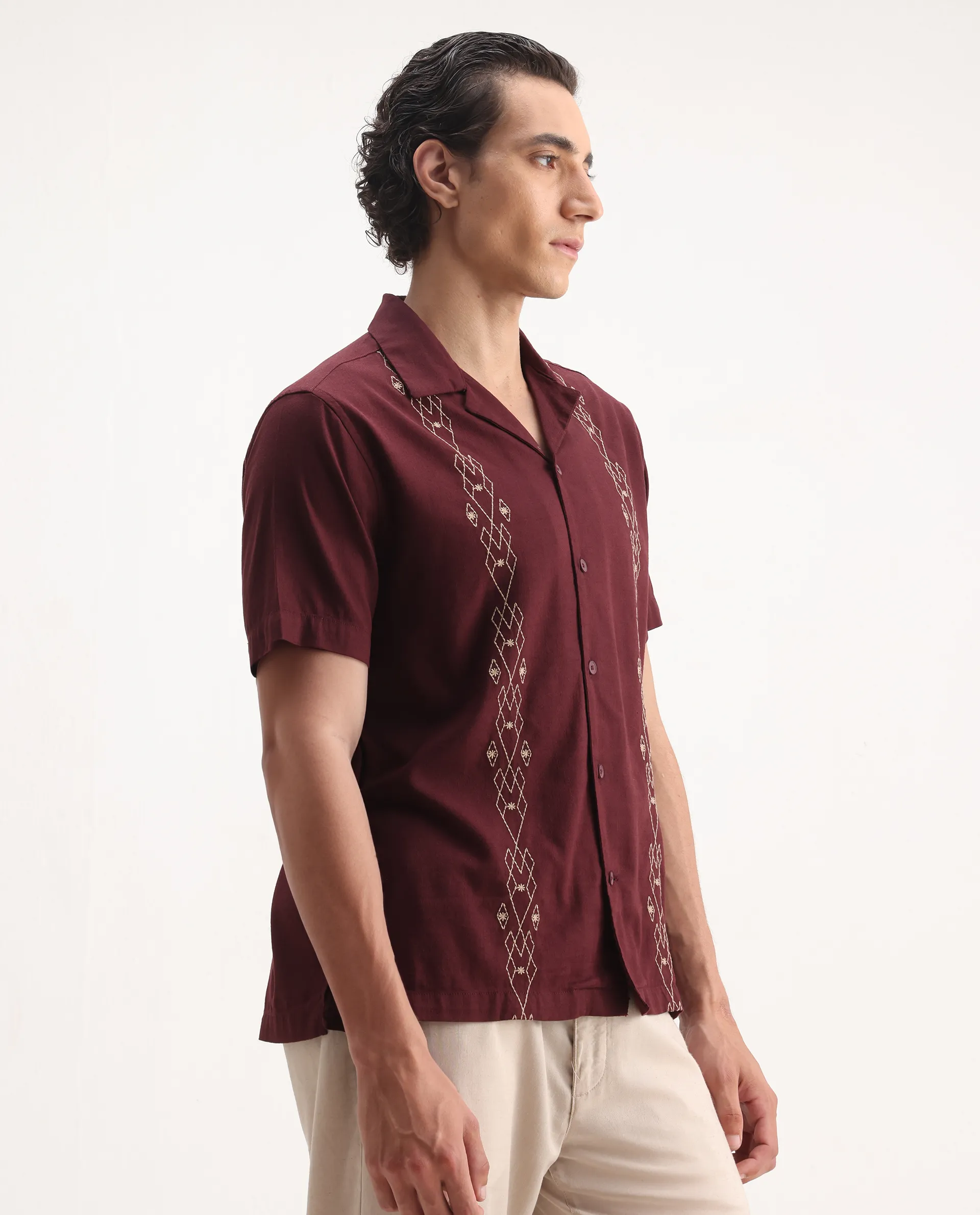 Rare Rabbit Men's Zedter-1 Dusky Maroon Cotton Blend Embroidered Relaxed Fit Half Sleeve Cuban Collar Shirt - Image 5