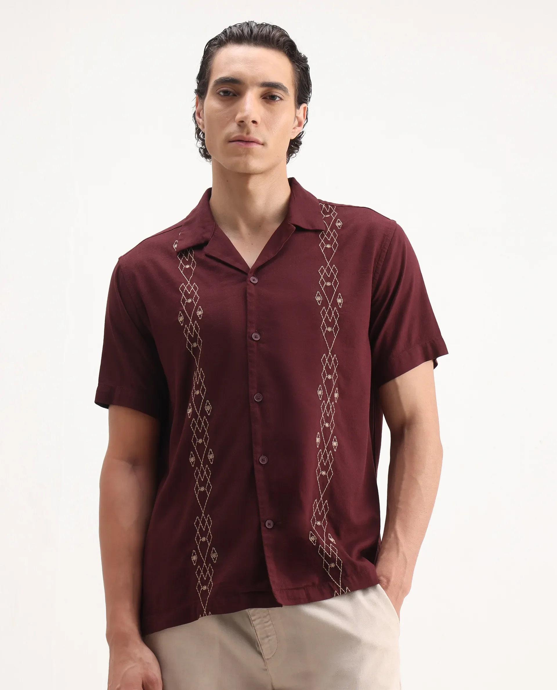 Rare Rabbit Men's Zedter-1 Dusky Maroon Cotton Blend Embroidered Relaxed Fit Half Sleeve Cuban Collar Shirt - Image 6