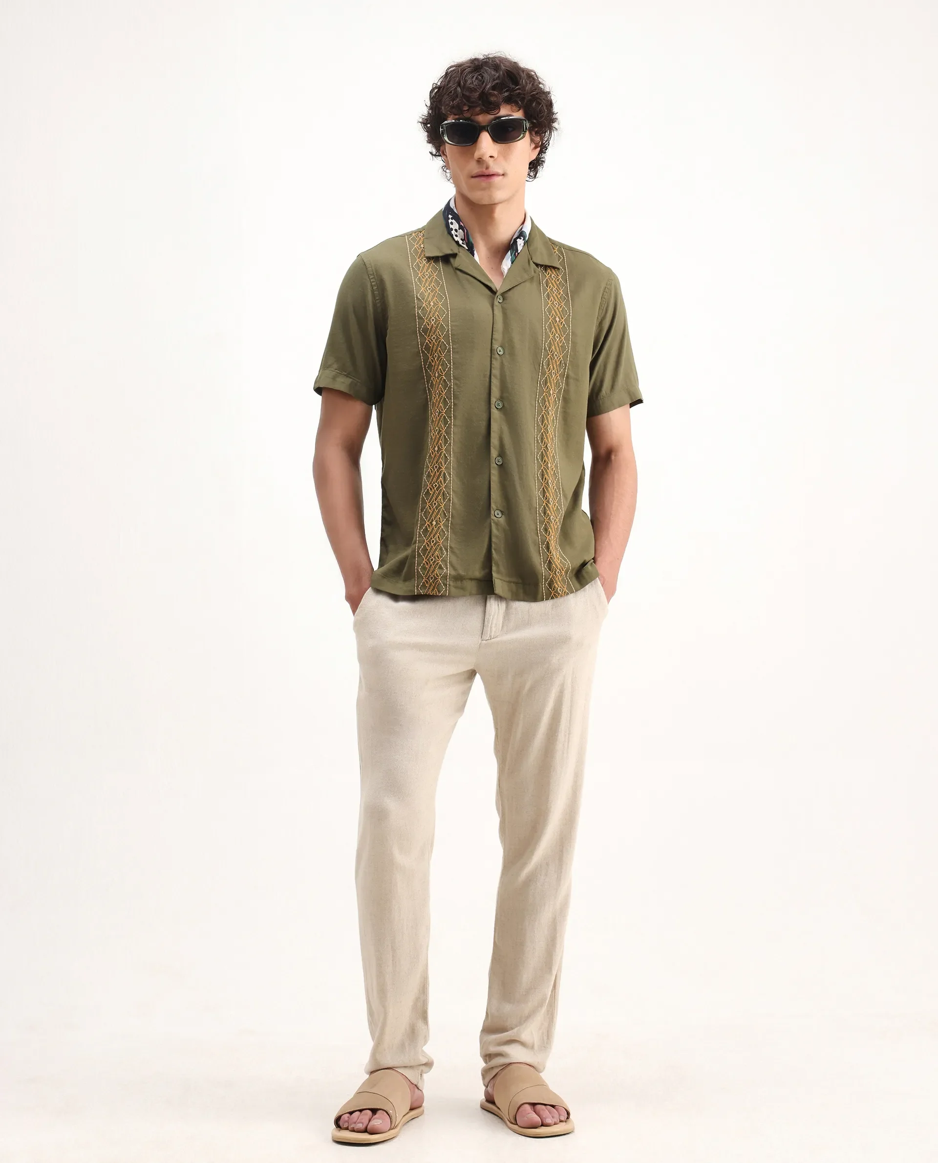 Rare Rabbit Men's Zedter-2 Olive Cotton Blend Embroidered Relaxed Fit Half Sleeve Cuban Collar Shirt - Image 2
