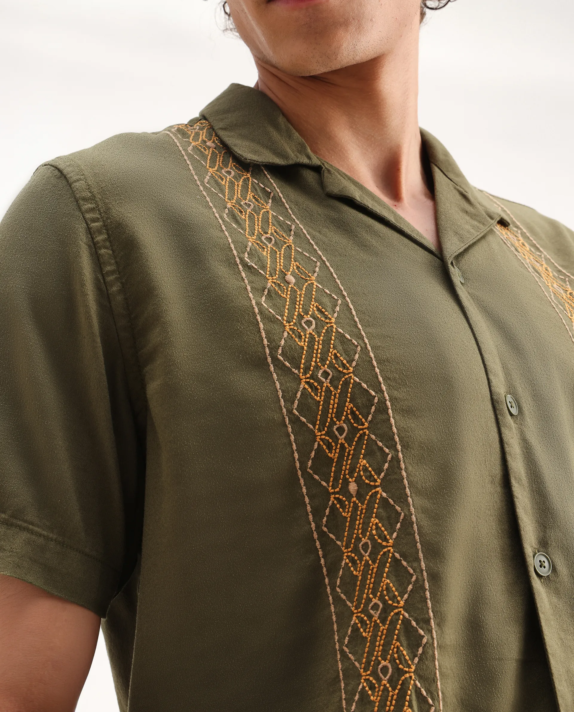 Rare Rabbit Men's Zedter-2 Olive Cotton Blend Embroidered Relaxed Fit Half Sleeve Cuban Collar Shirt - Image 3