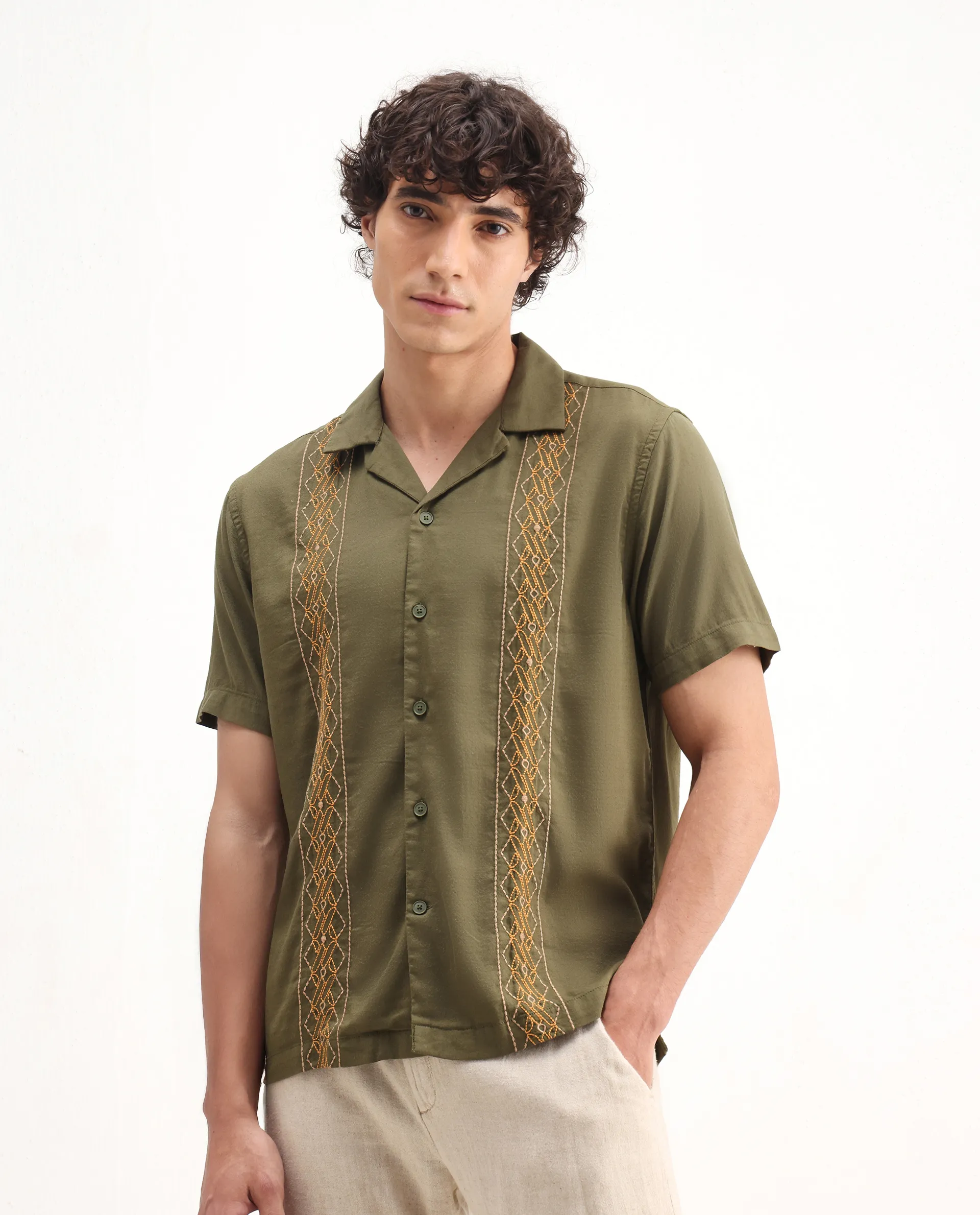 Rare Rabbit Men's Zedter-2 Olive Cotton Blend Embroidered Relaxed Fit Half Sleeve Cuban Collar Shirt - Image 4
