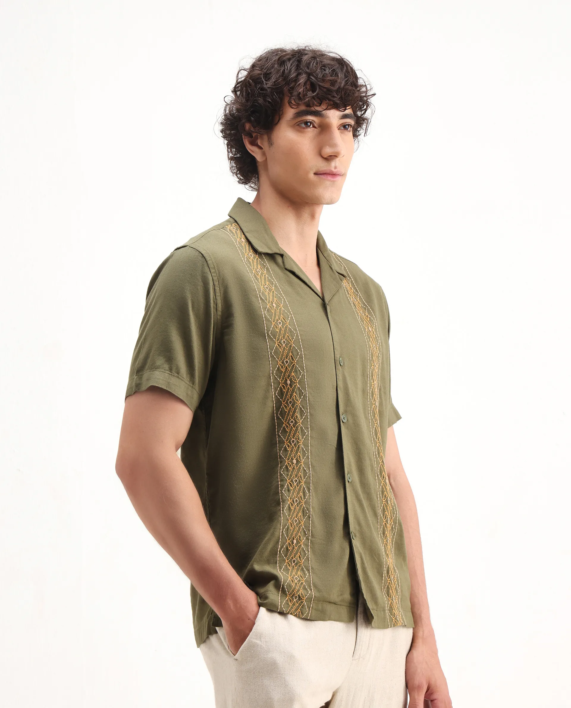 Rare Rabbit Men's Zedter-2 Olive Cotton Blend Embroidered Relaxed Fit Half Sleeve Cuban Collar Shirt - Image 5