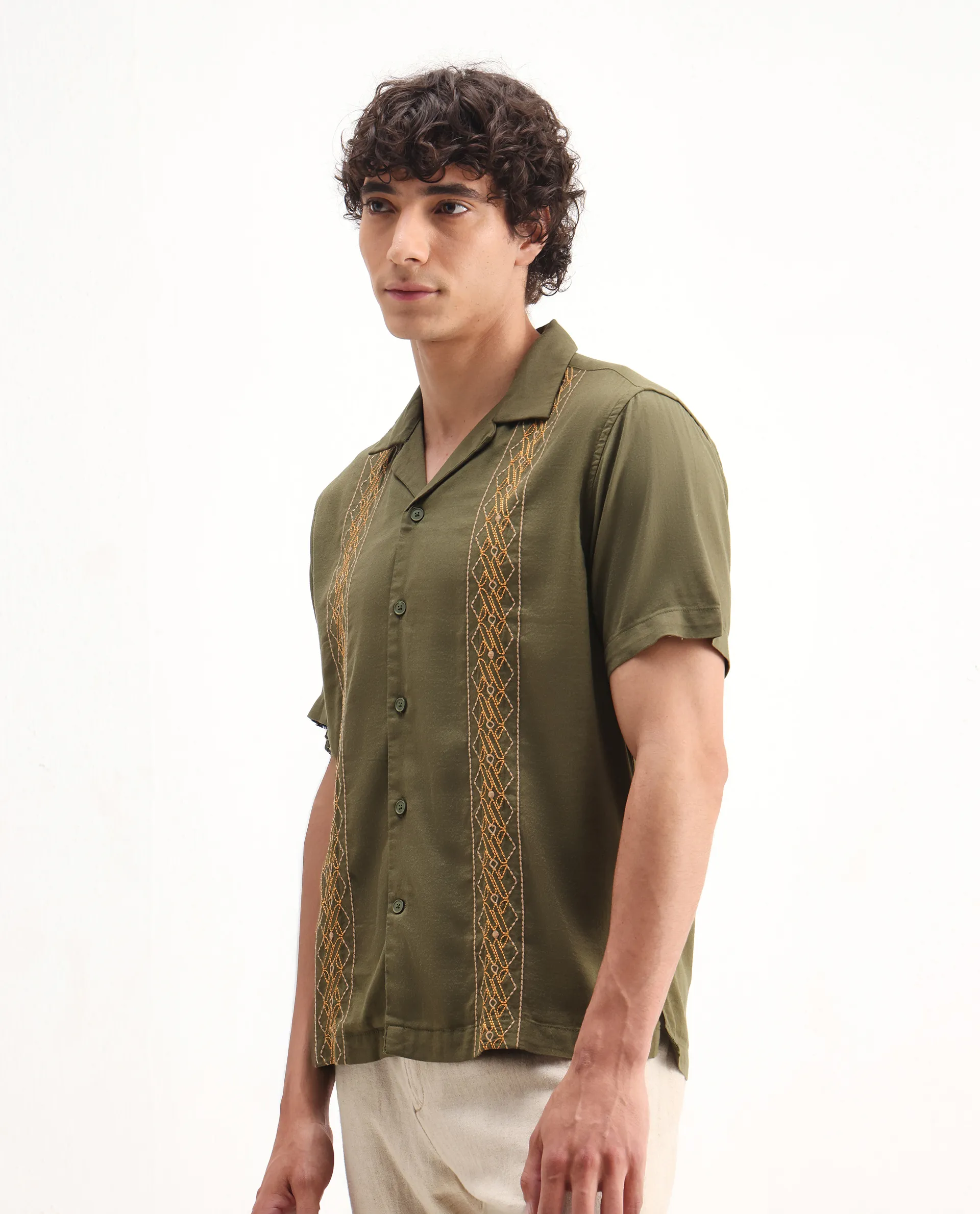 Rare Rabbit Men's Zedter-2 Olive Cotton Blend Embroidered Relaxed Fit Half Sleeve Cuban Collar Shirt - Image 6